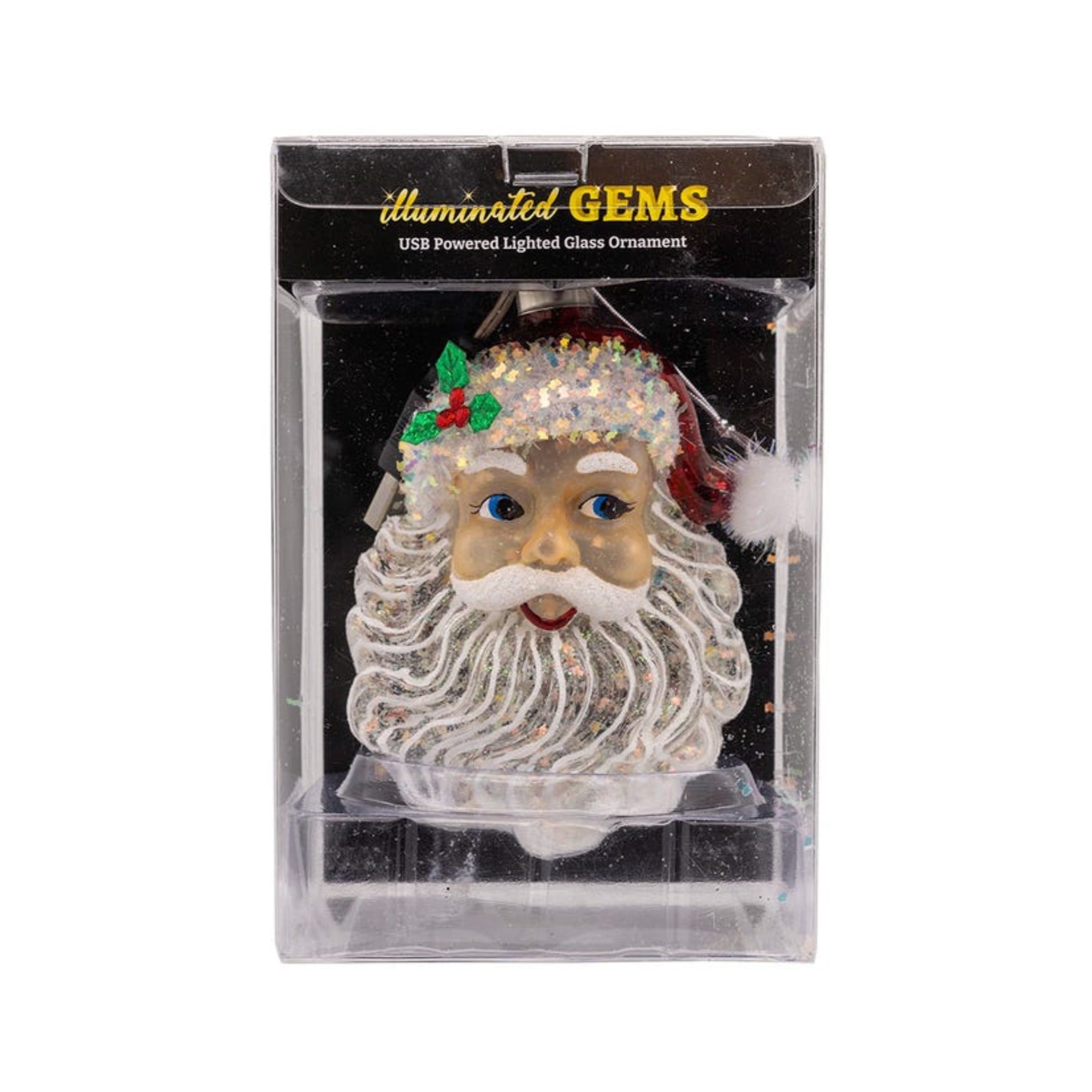 Kurt Adler Pre-lit Hanging Glass Ornament, Warm White LED's, USB-Powered Santa Head