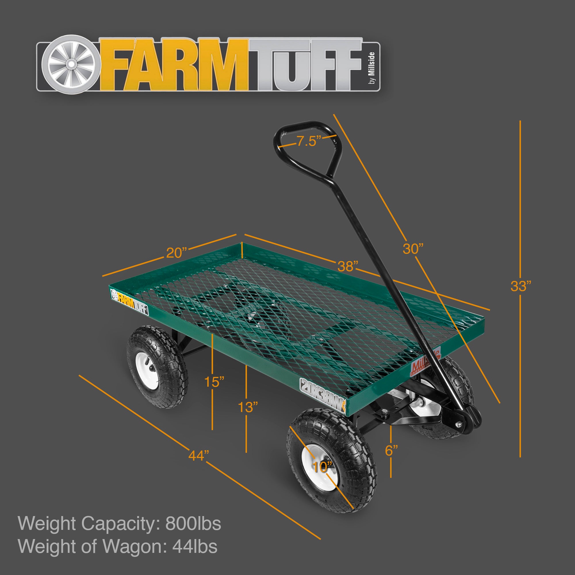 Farm Tuff Durable Metal Deck Garden Wagon Utility Cart with Pneumatic Tires for Outdoor Hauling, Green, 20" x 38"