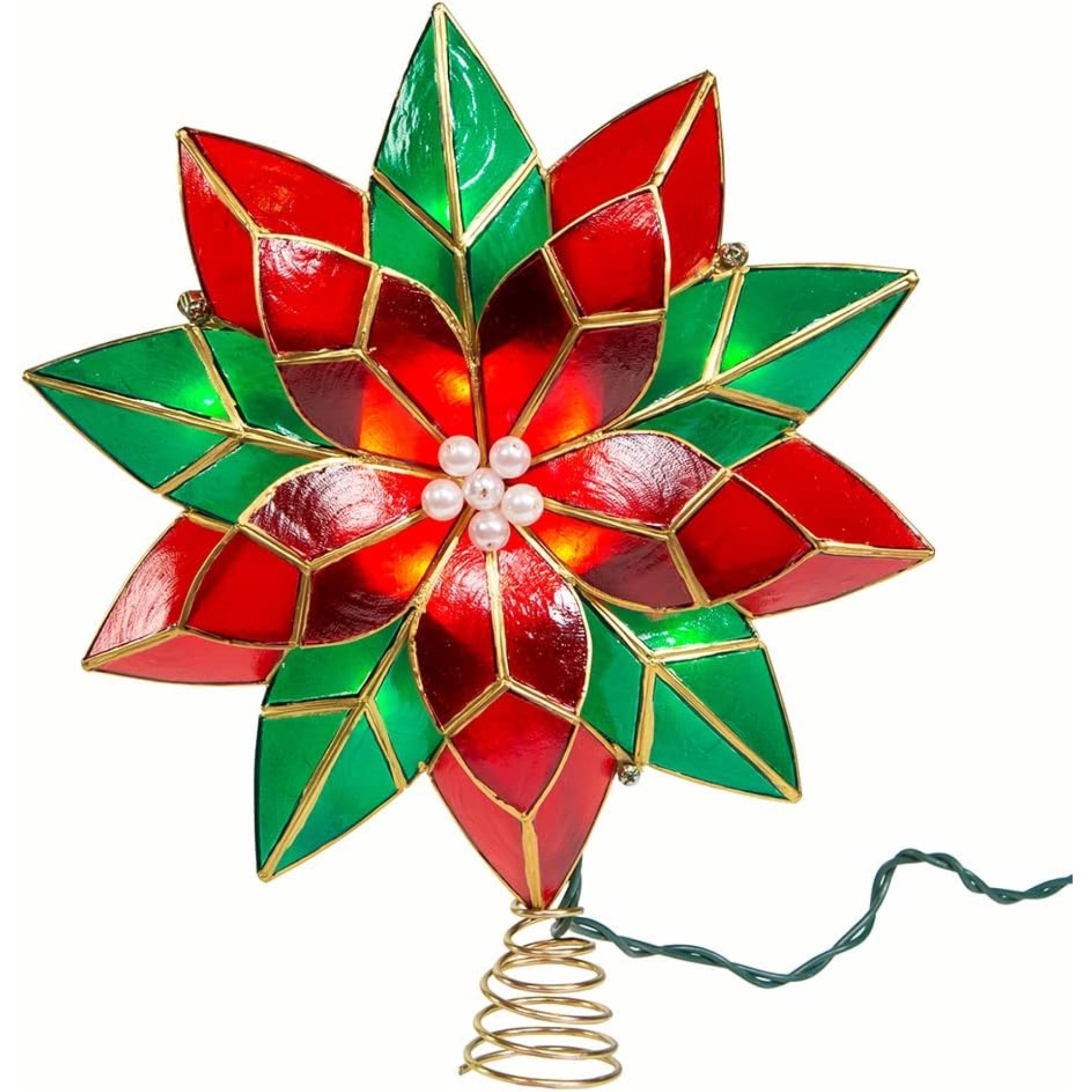 Kurt Adler 10-Point Illuminated Multi-Point Capiz Shell Poinsettia for Indoor Christmas Treetop, 10 Warm White Incandescent Lights, Red and Green, 9.5"