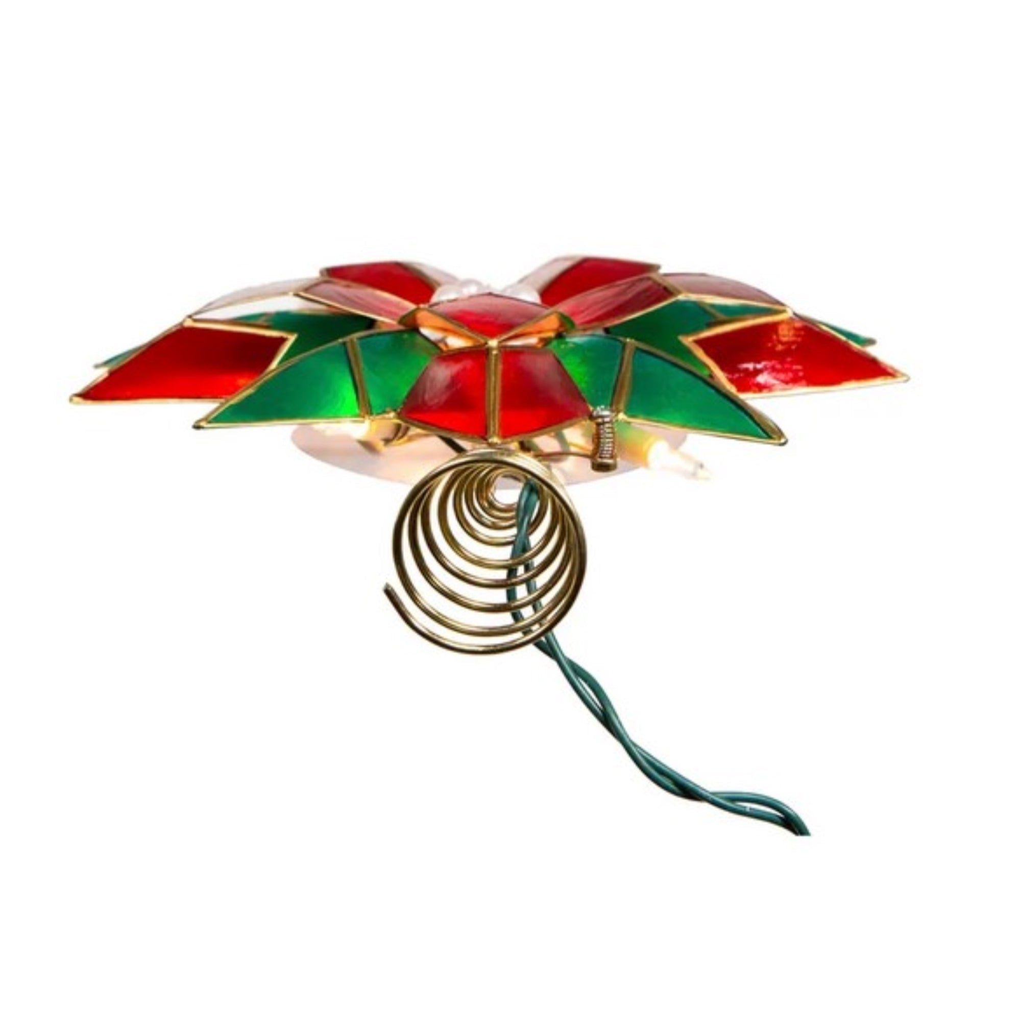 Kurt Adler 10-Point Illuminated Multi-Point Capiz Shell Poinsettia for Indoor Christmas Treetop, 10 Warm White Incandescent Lights, Red and Green, 9.5"