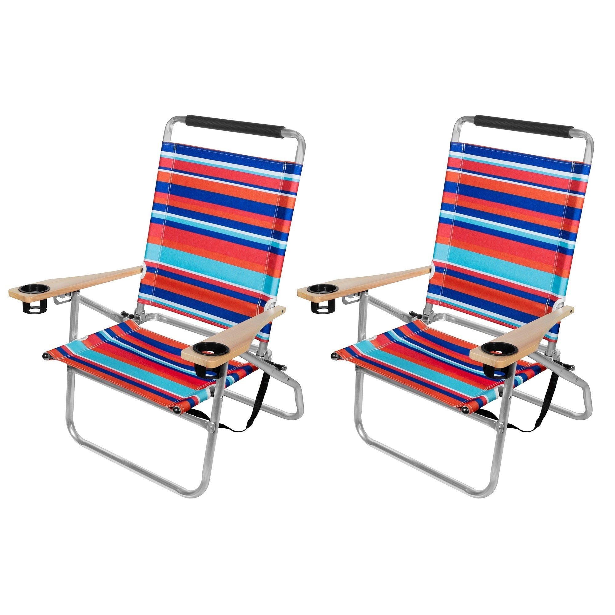 Garden Elements Foldable Reclining Aluminum Beach Chairs With Cup Holders and Carrying Strap, Multi-color (Pack of 2)