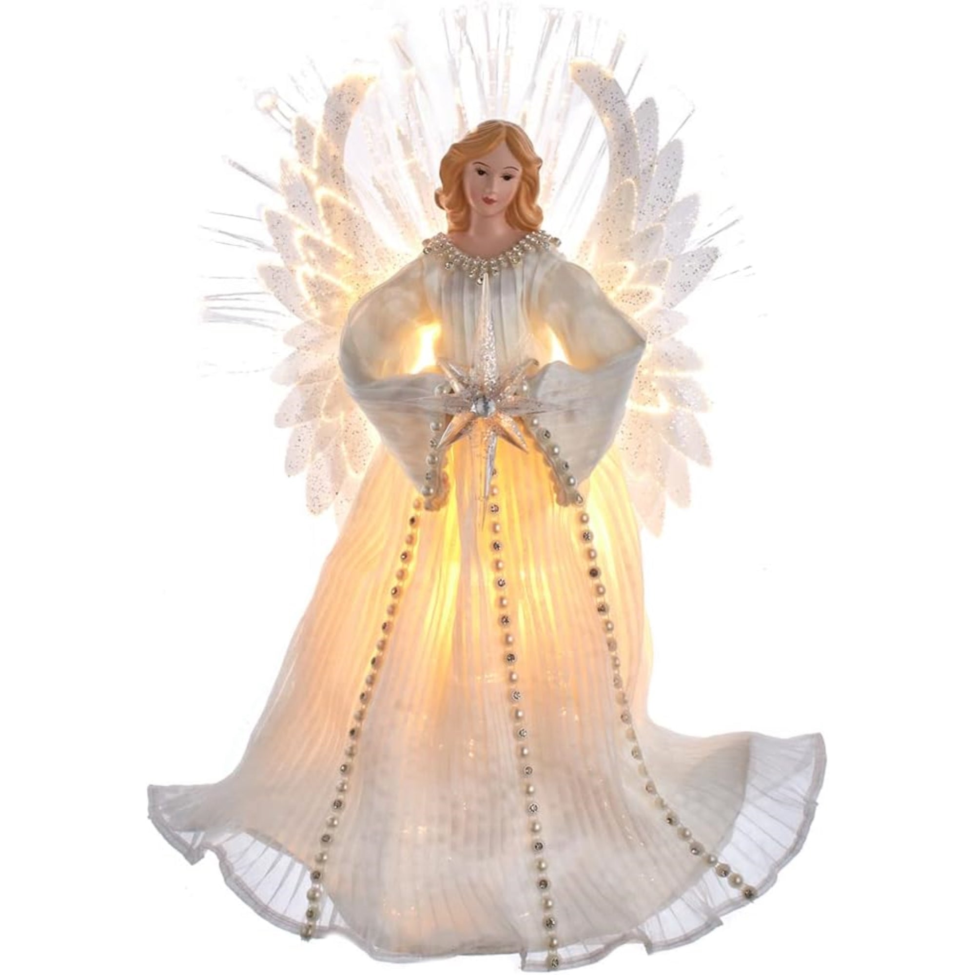 Kurt Adler 7-Light LED Fiber-Optic Angel Treetop, Ivory, 16"