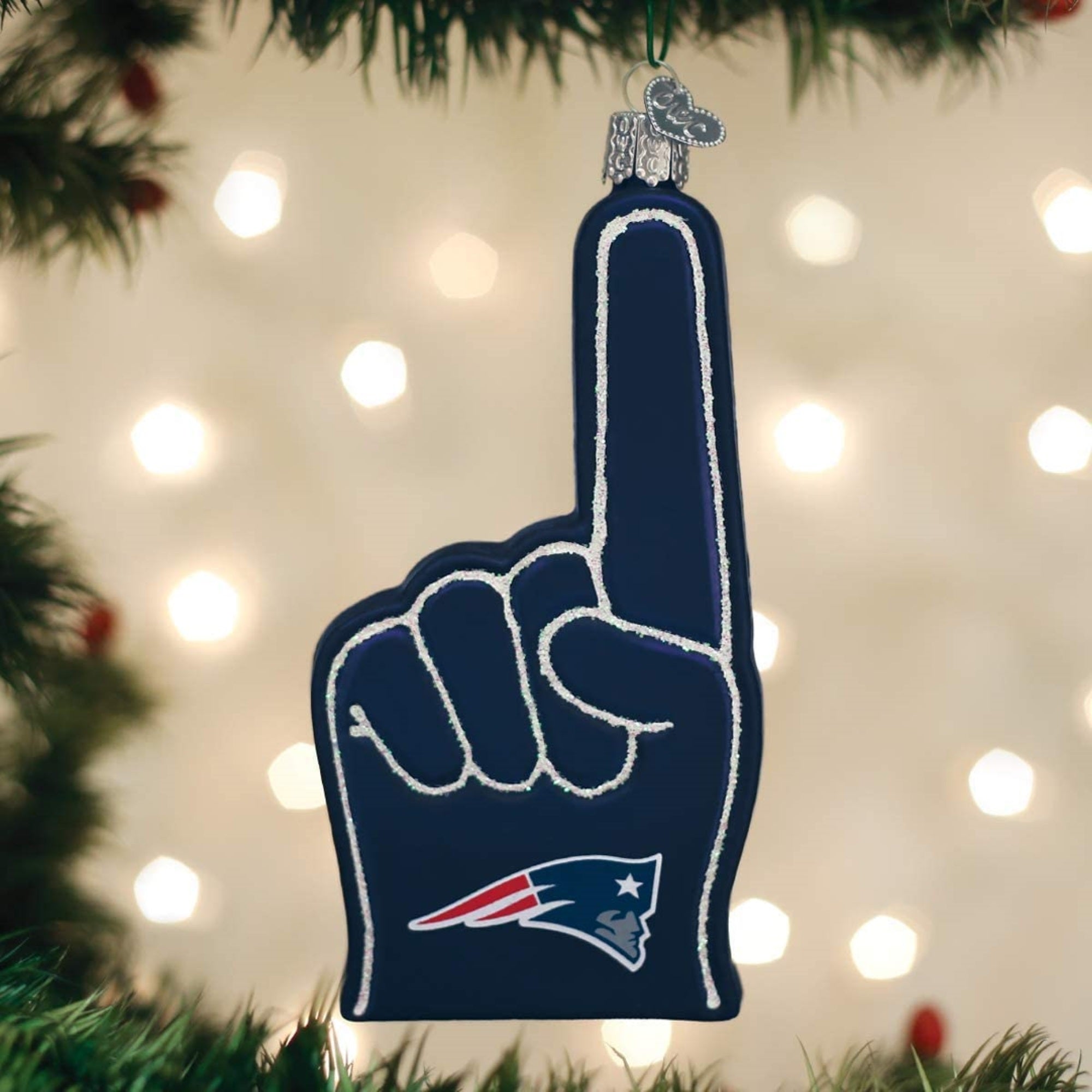 Old World Christmas Blown Glass Ornament for Christmas Tree, New Eng Patriots Foam Finger