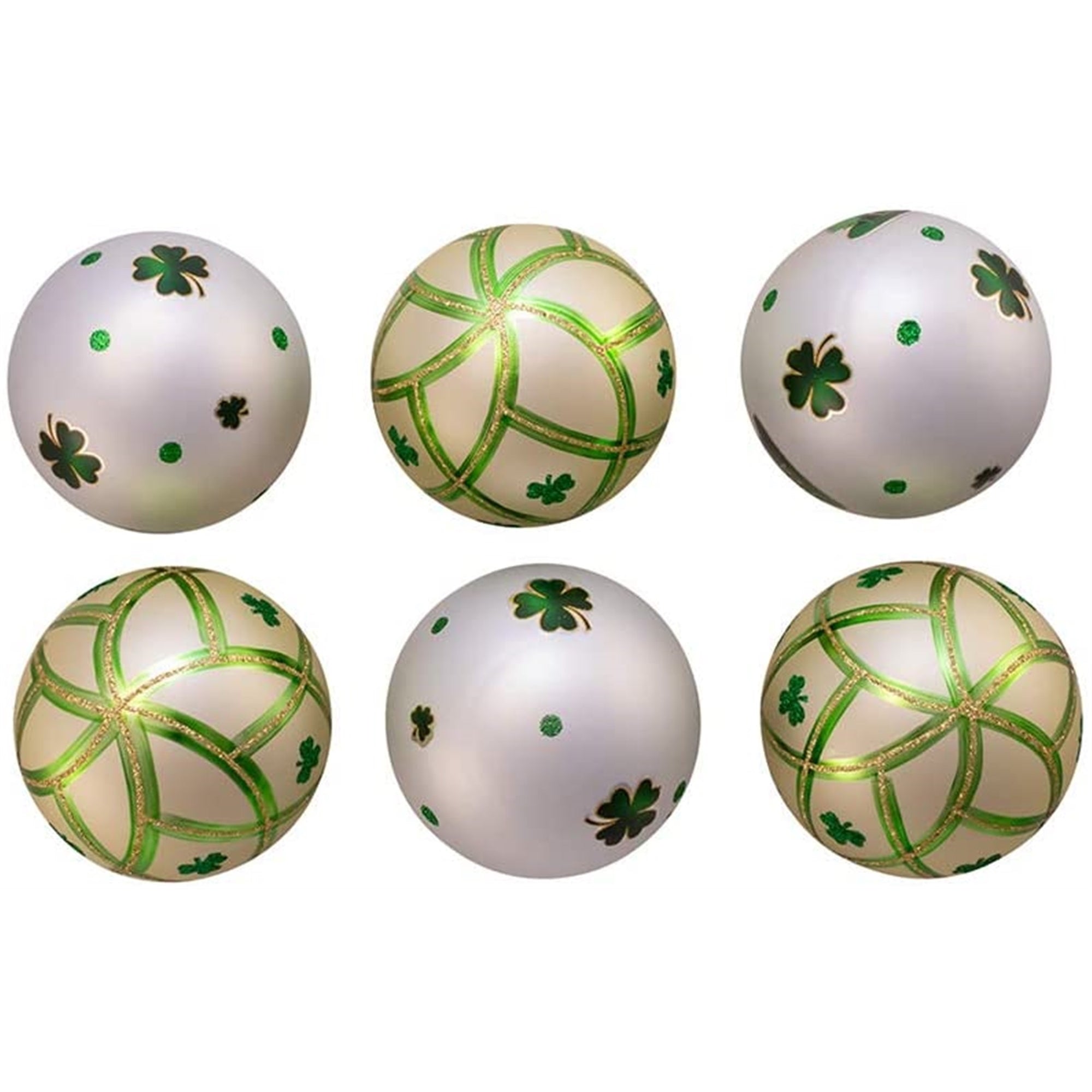 Kurt Adler Glass Ball Christmas Tree Ornament Set, Irish Design, Silver & Light Green 3" (6-Count)