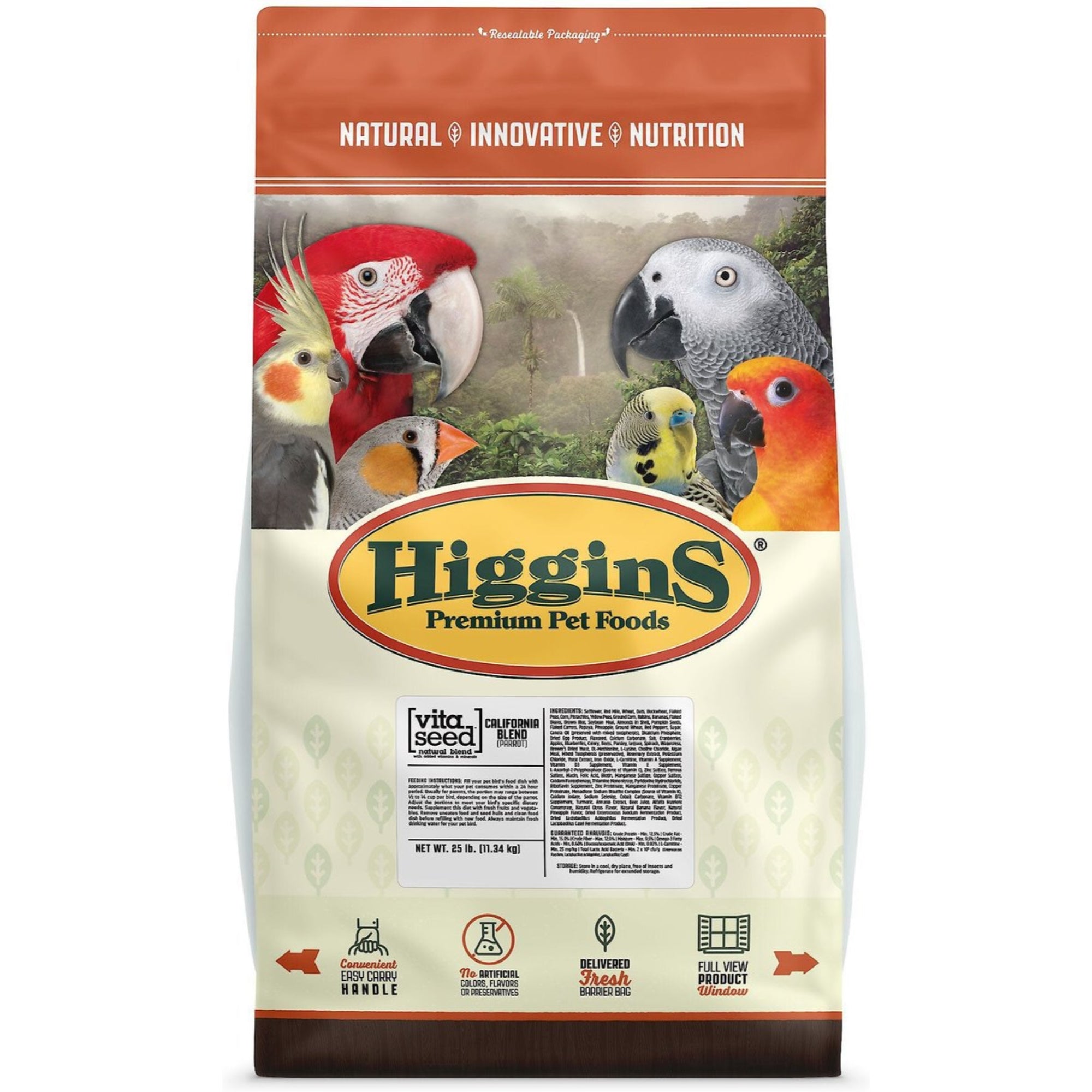 Higgins Vita Seed California Blend Sunflower-Free Bird Food for Parrots, 25lbs