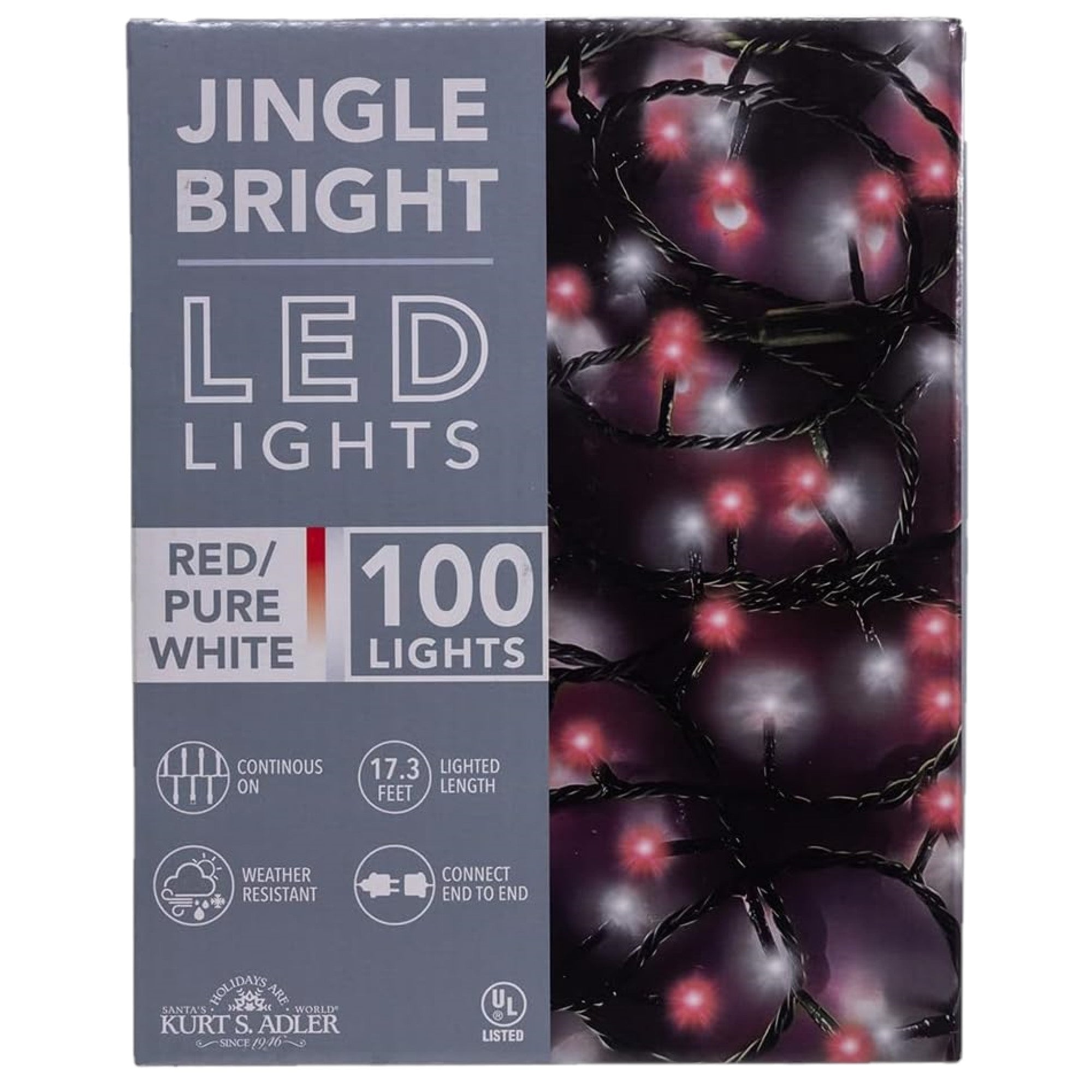 Kurt Adler Indoor/Outdoor Jingle Bright LED Light Set, 100 LED Lights on Green Wire, Red/Pure White, 17ft