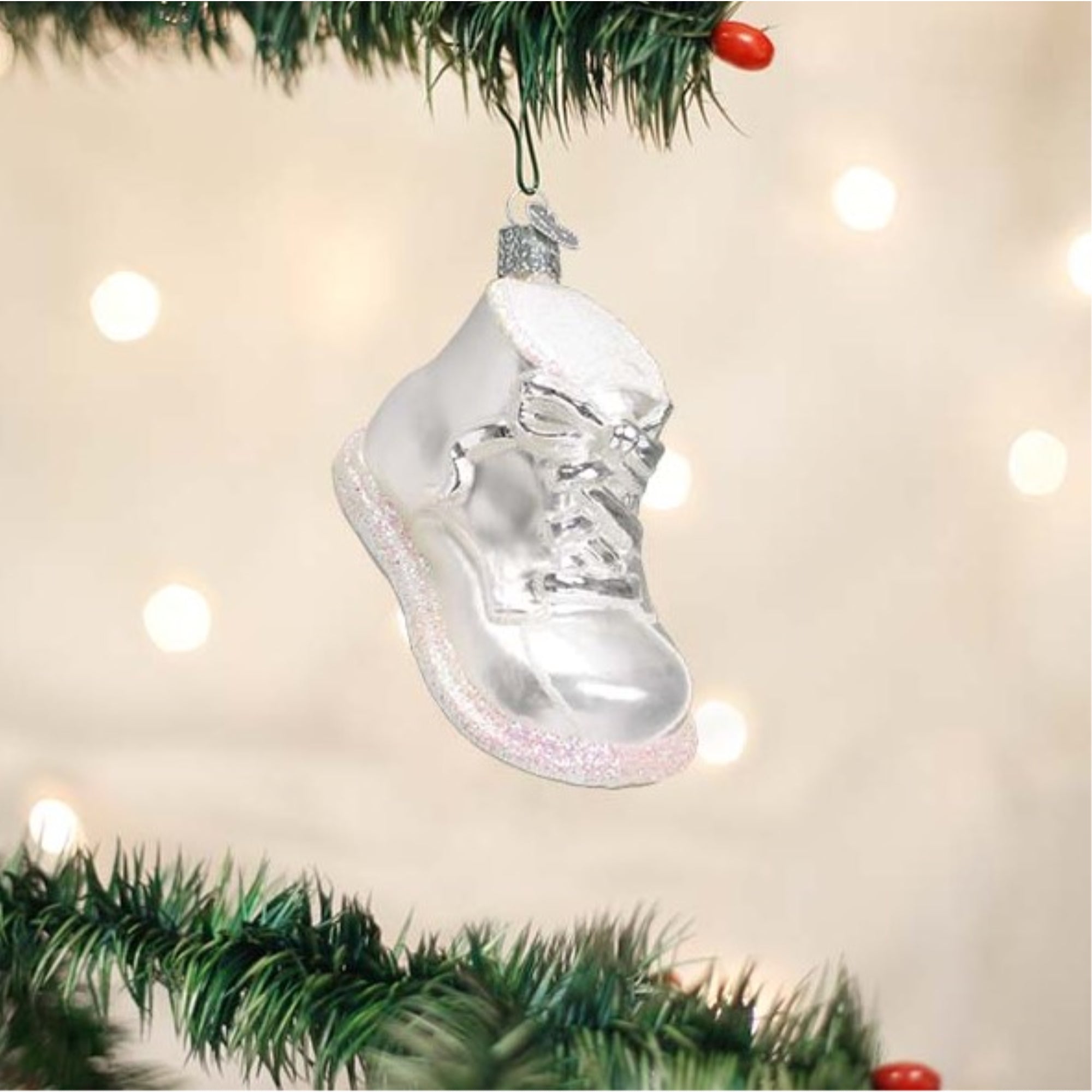 Old World Christmas Blown Glass Ornament for Christmas Tree, White Baby Shoe (with OWC Gift Box)