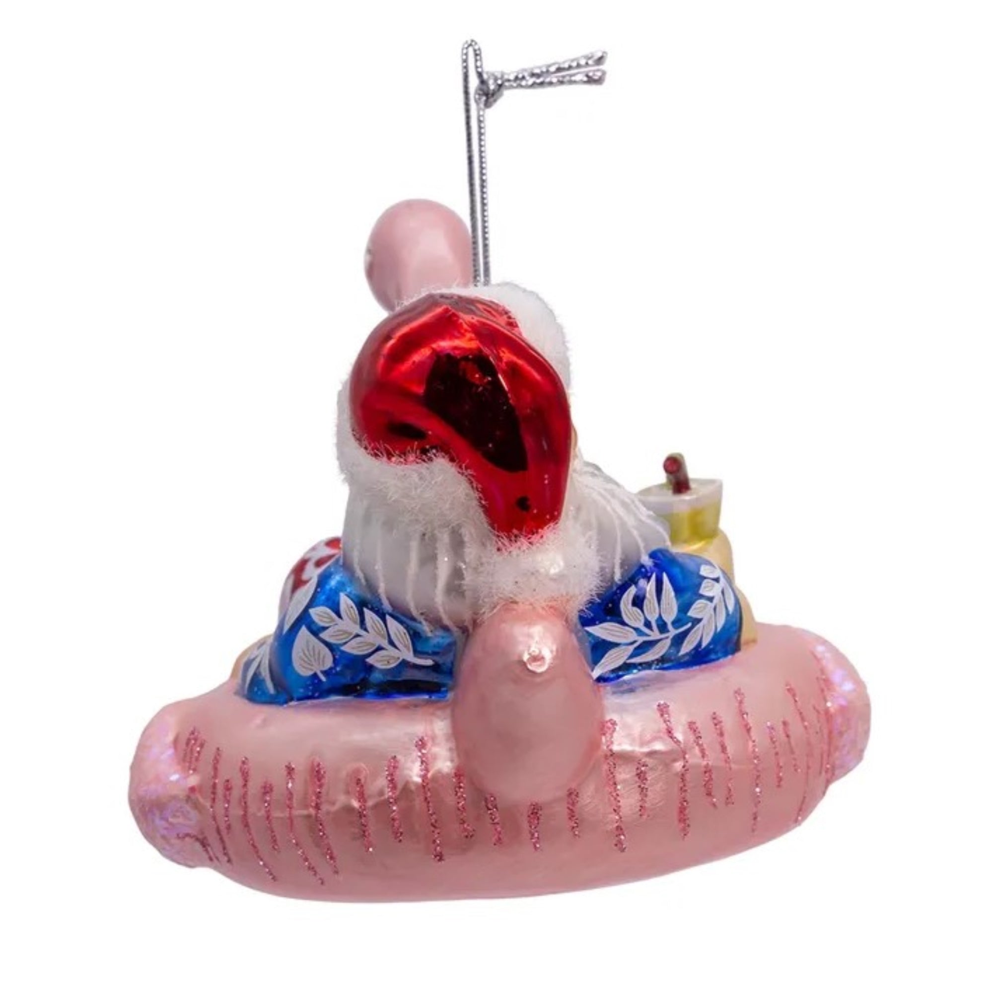 Kurt Adler Nobel Gems Glass Christmas Ornament, Santa in Flamingo Pool Float