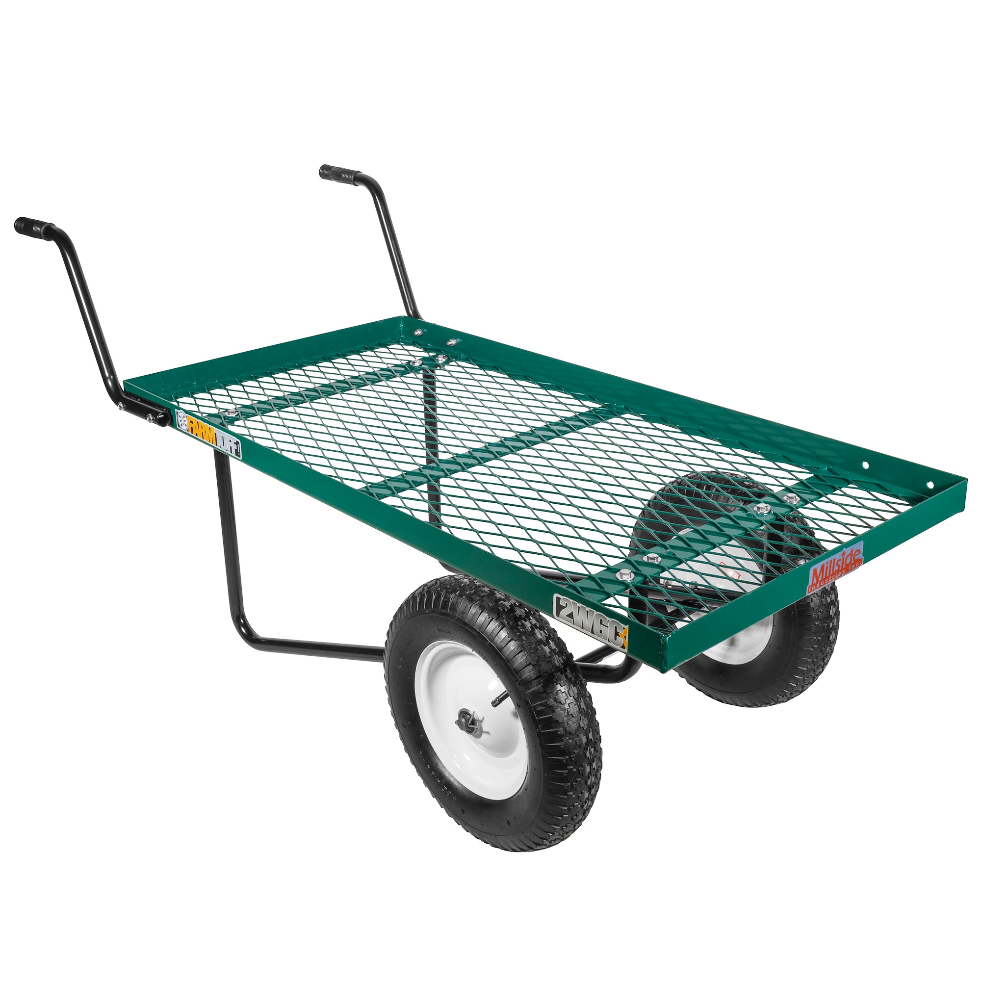 Farm Tuff Durable Two Wheel Metal Utility Push Cart with Pneumatic Tires for Outdoor Hauling, Green, 24" x 48"