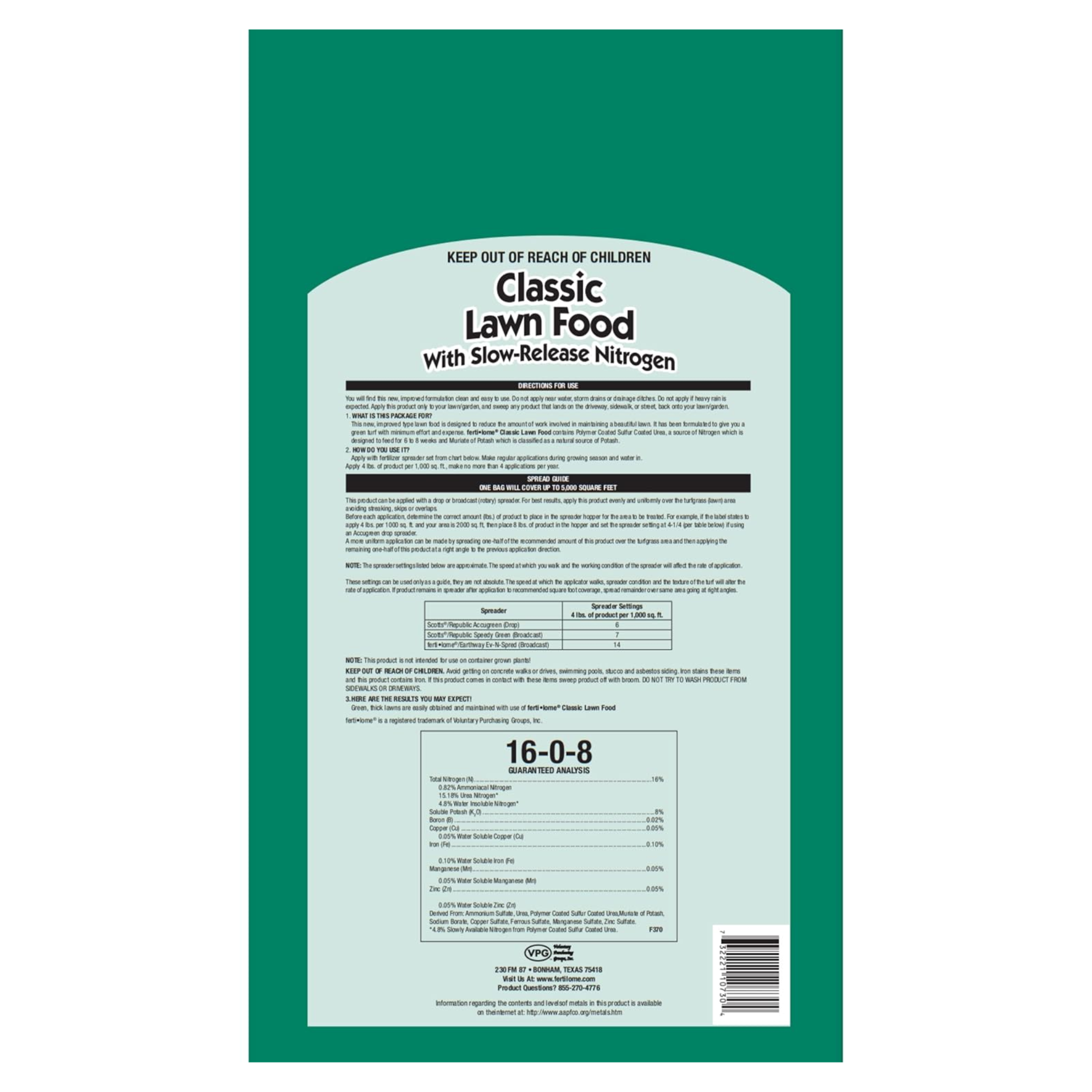 Fertilome Classic Lawn Food With Slow-Release Nitrogen 16-0-8, 20lbs