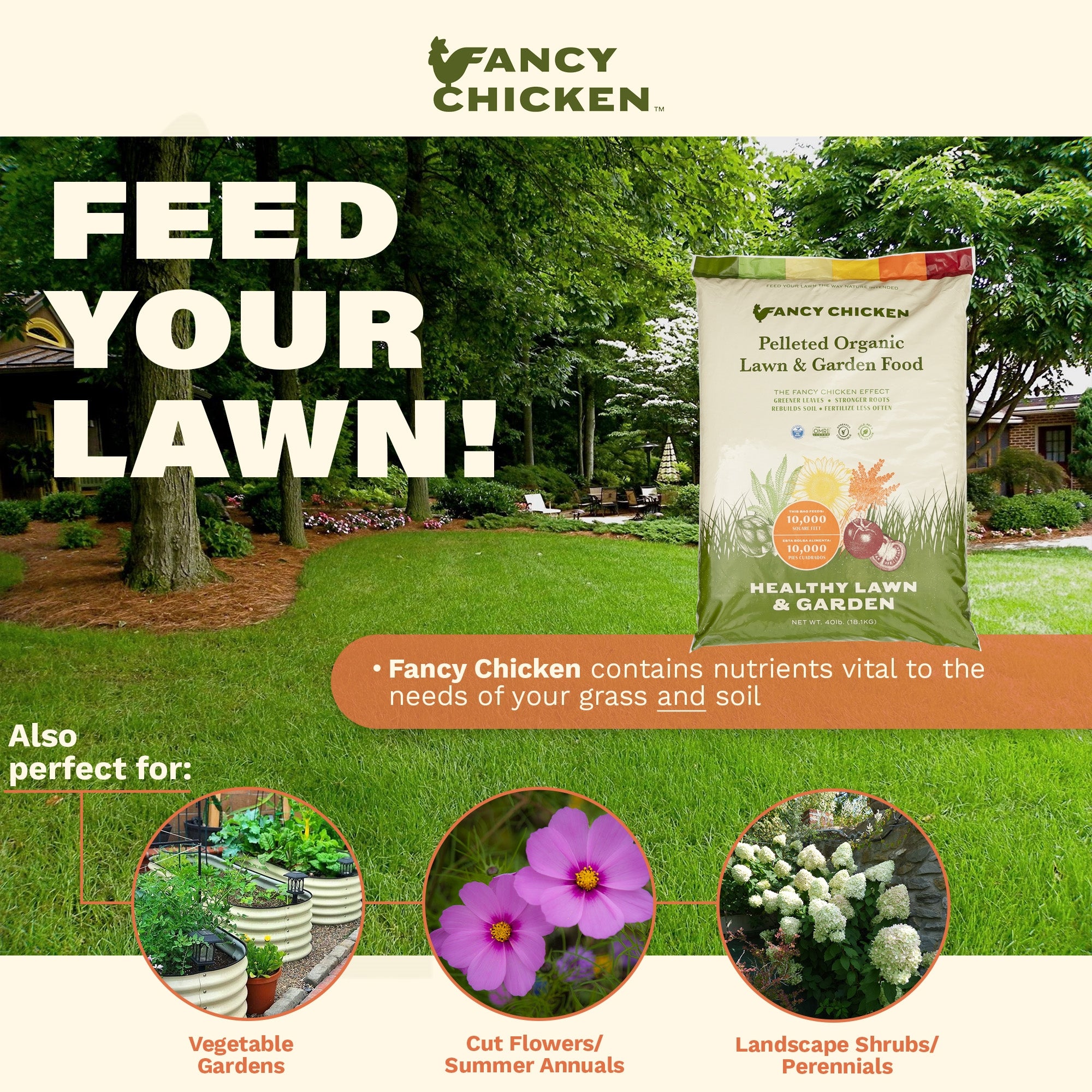 Fancy Chicken 4-2.5-2 Pelleted Organic Poultry Manure Lawn & Garden Food Fertilizer, OMRI Listed, USDA Organic, 40lb