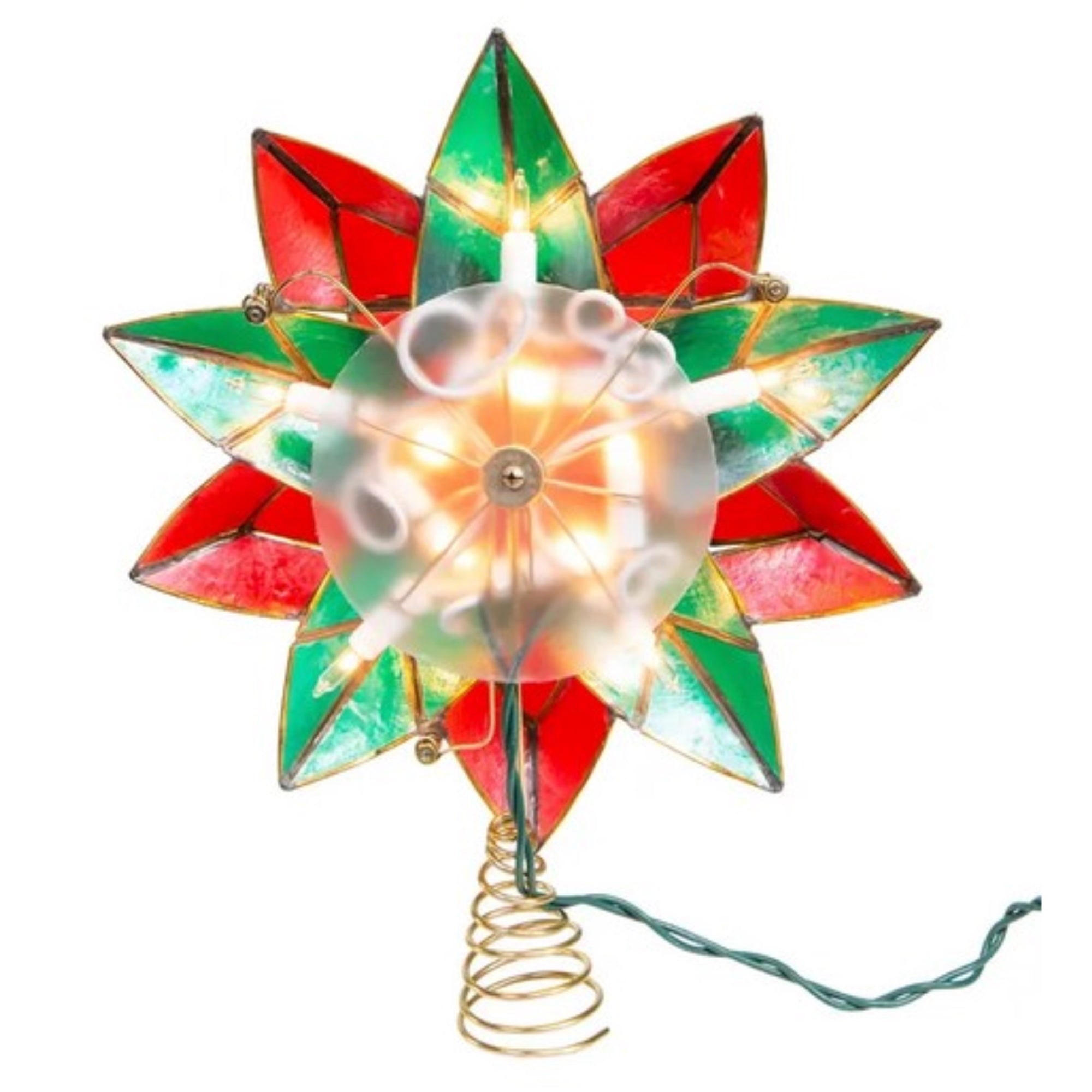 Kurt Adler 10-Point Illuminated Multi-Point Capiz Shell Poinsettia for Indoor Christmas Treetop, 10 Warm White Incandescent Lights, Red and Green, 9.5"