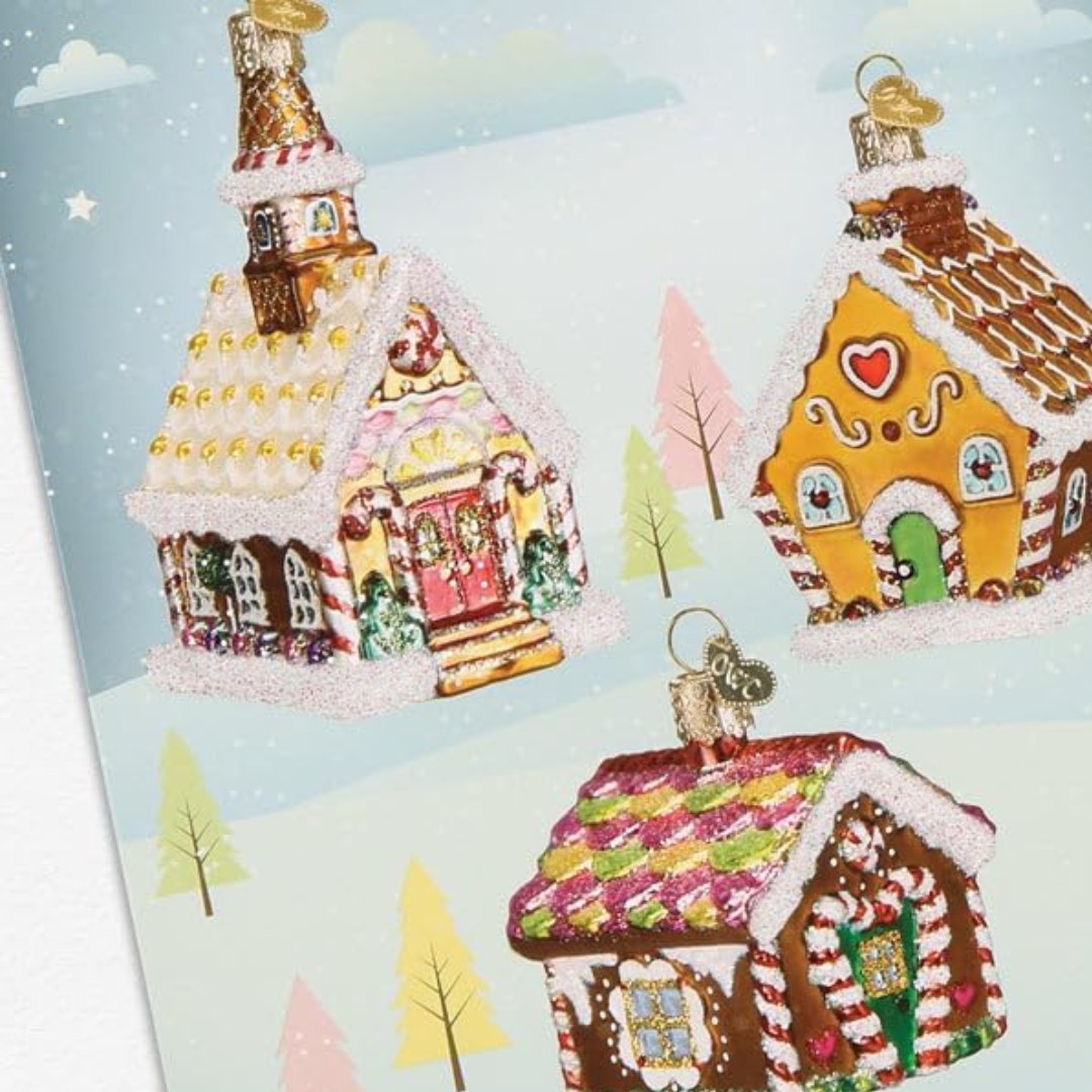 Old World Christmas Ornament Christmas Card, Gingerbread Houses, 7 x 5in