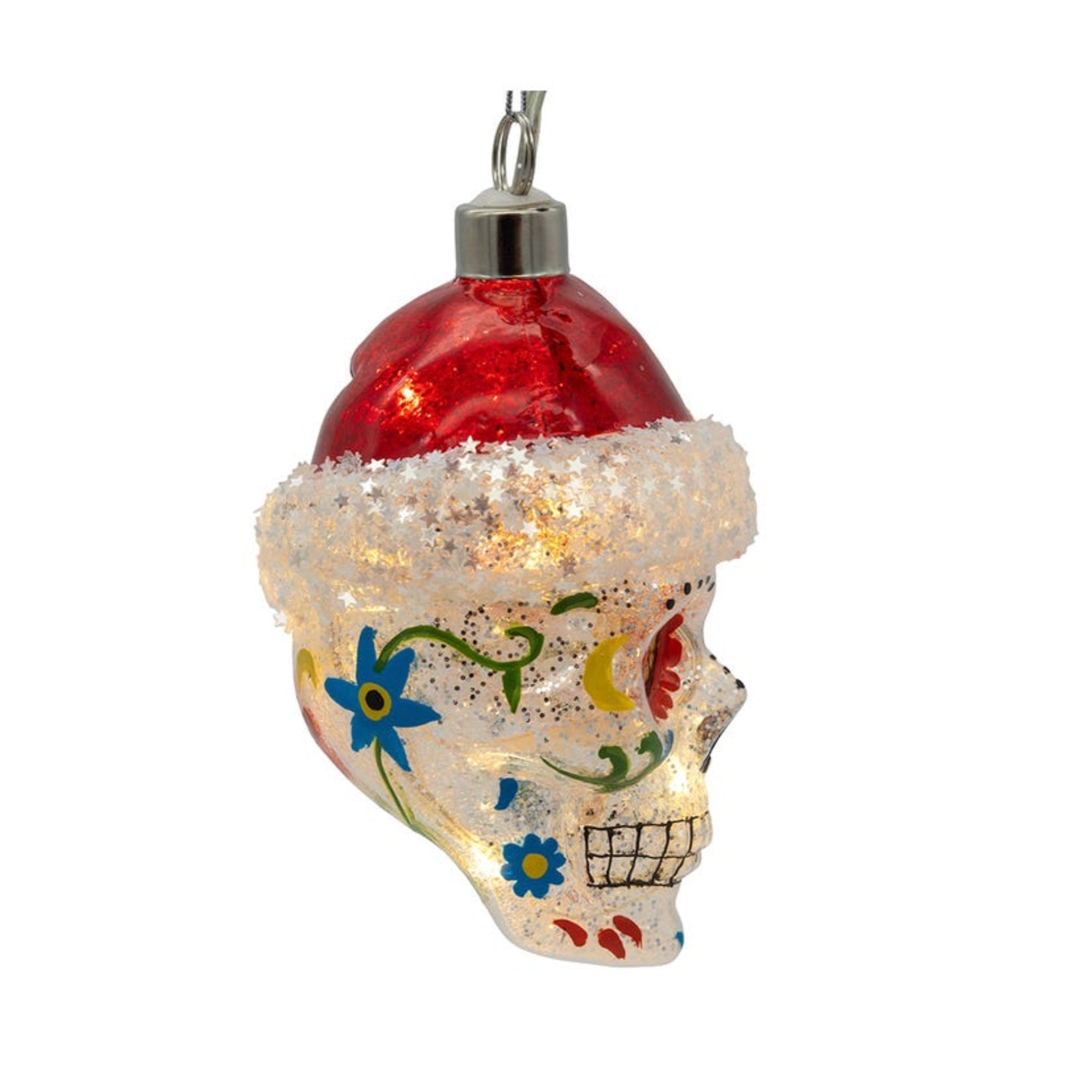 Kurt Adler Pre-lit Hanging Glass Ornament, Warm White LED's, USB-Powered Day of the Dead Skull with Santa Hat