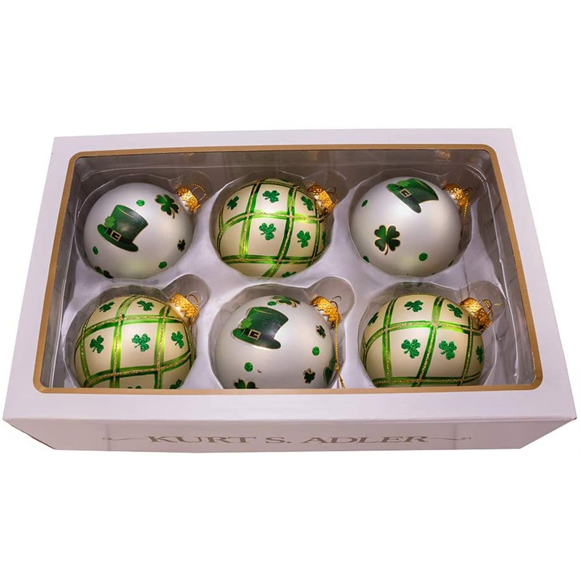 Kurt Adler Glass Ball Christmas Tree Ornament Set, Irish Design, Silver & Light Green 3" (6-Count)