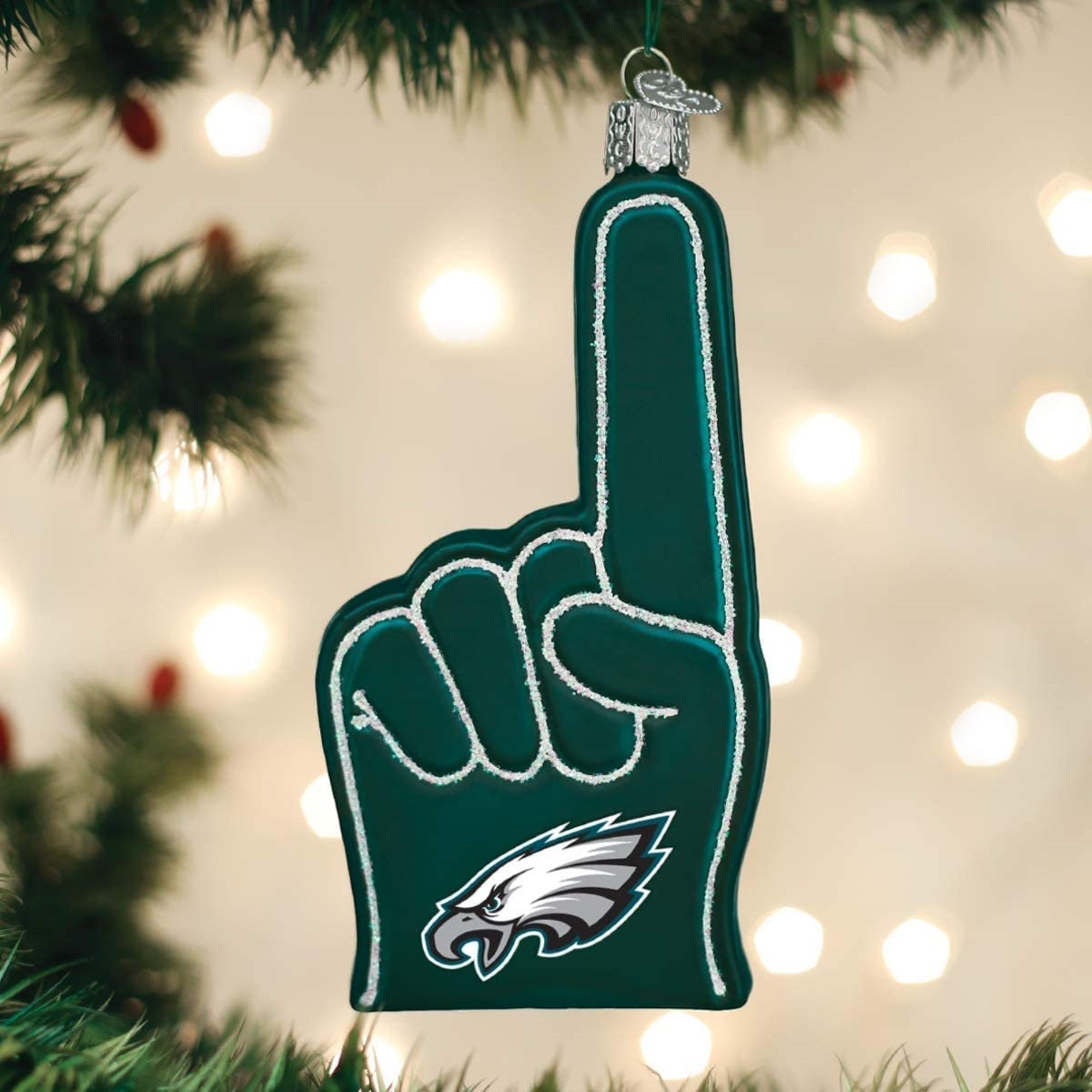 Old World Christmas Blown Glass Ornament for Christmas Tree, Philadelphia Eagles Foam Finger