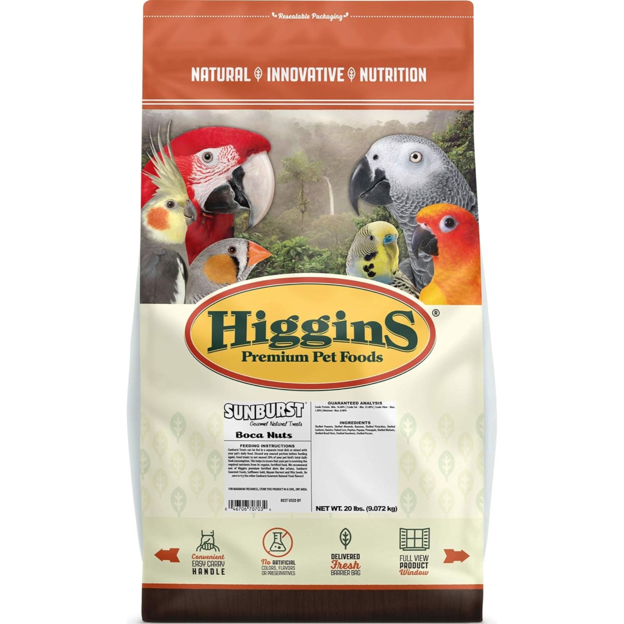 Higgins Sunburst Gourmet Bird Treats, Shelled Boca Nuts for Parrots and Macaws, 20lbs