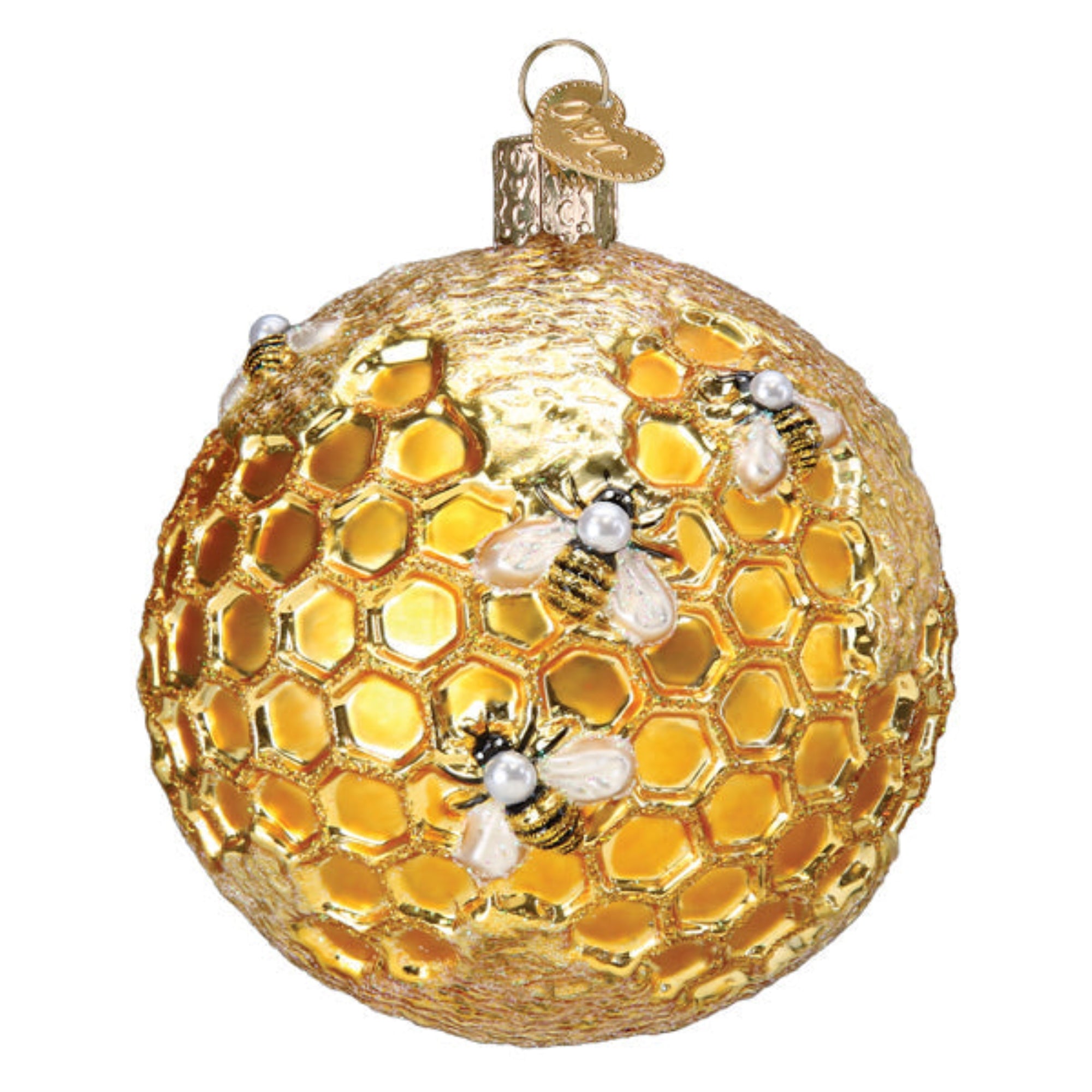 Old World Christmas Hanging Mouth-Blown Glass Ornament for Trees, Bee Blessed Round Ball, 3.5"