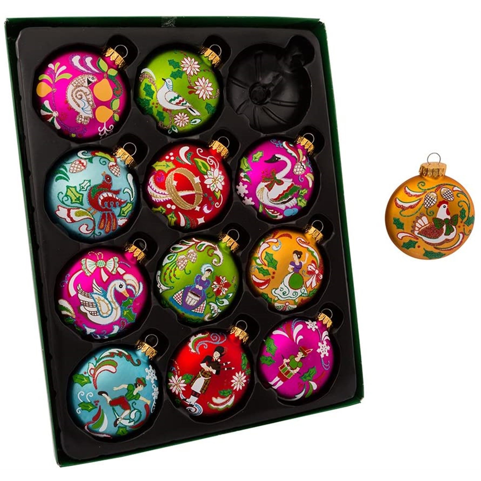 Kurt Adler Glass Ball Christmas Tree Ornament Set, 12 Days of Christmas, 2.5" (12-Count)