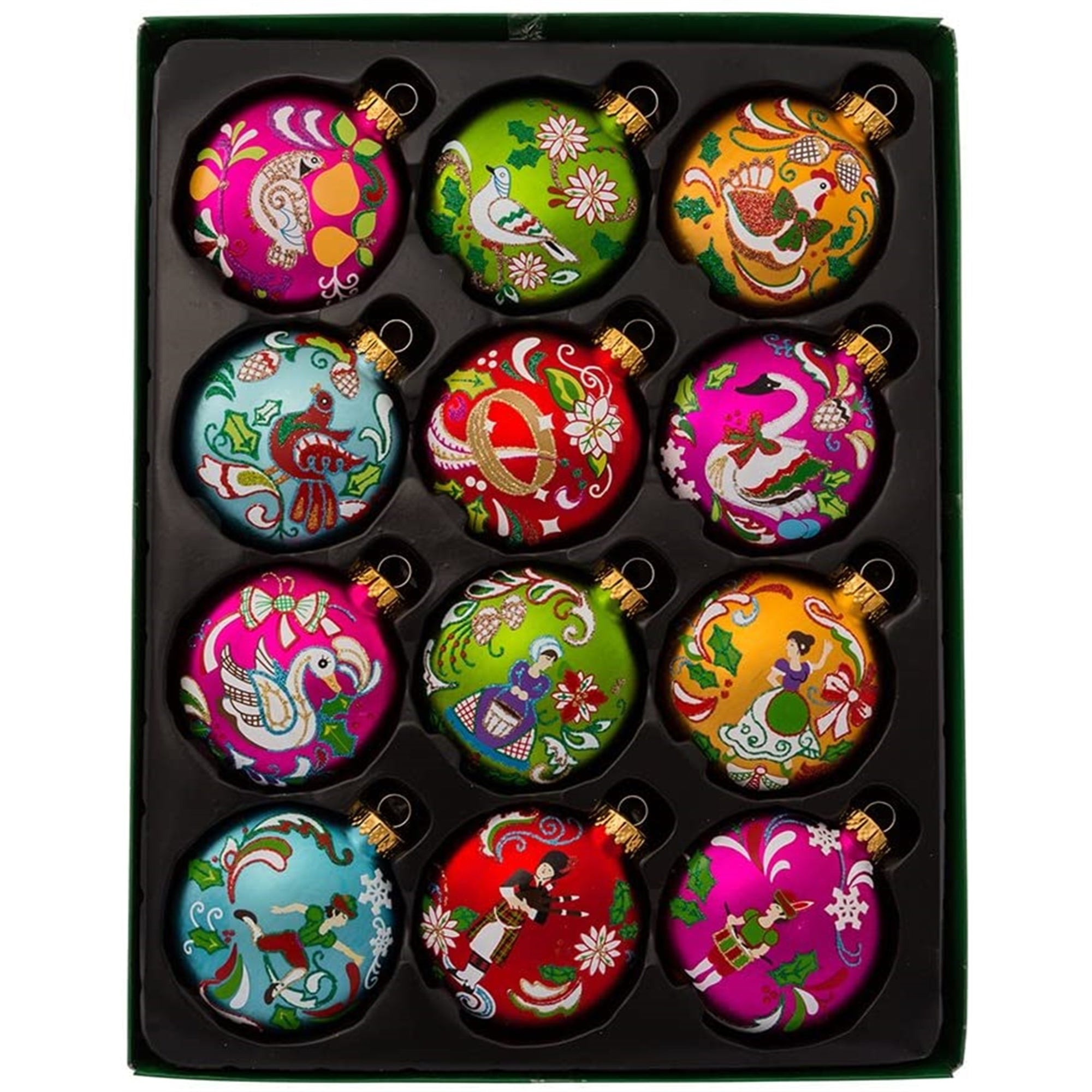 Kurt Adler Glass Ball Christmas Tree Ornament Set, 12 Days of Christmas, 2.5" (12-Count)