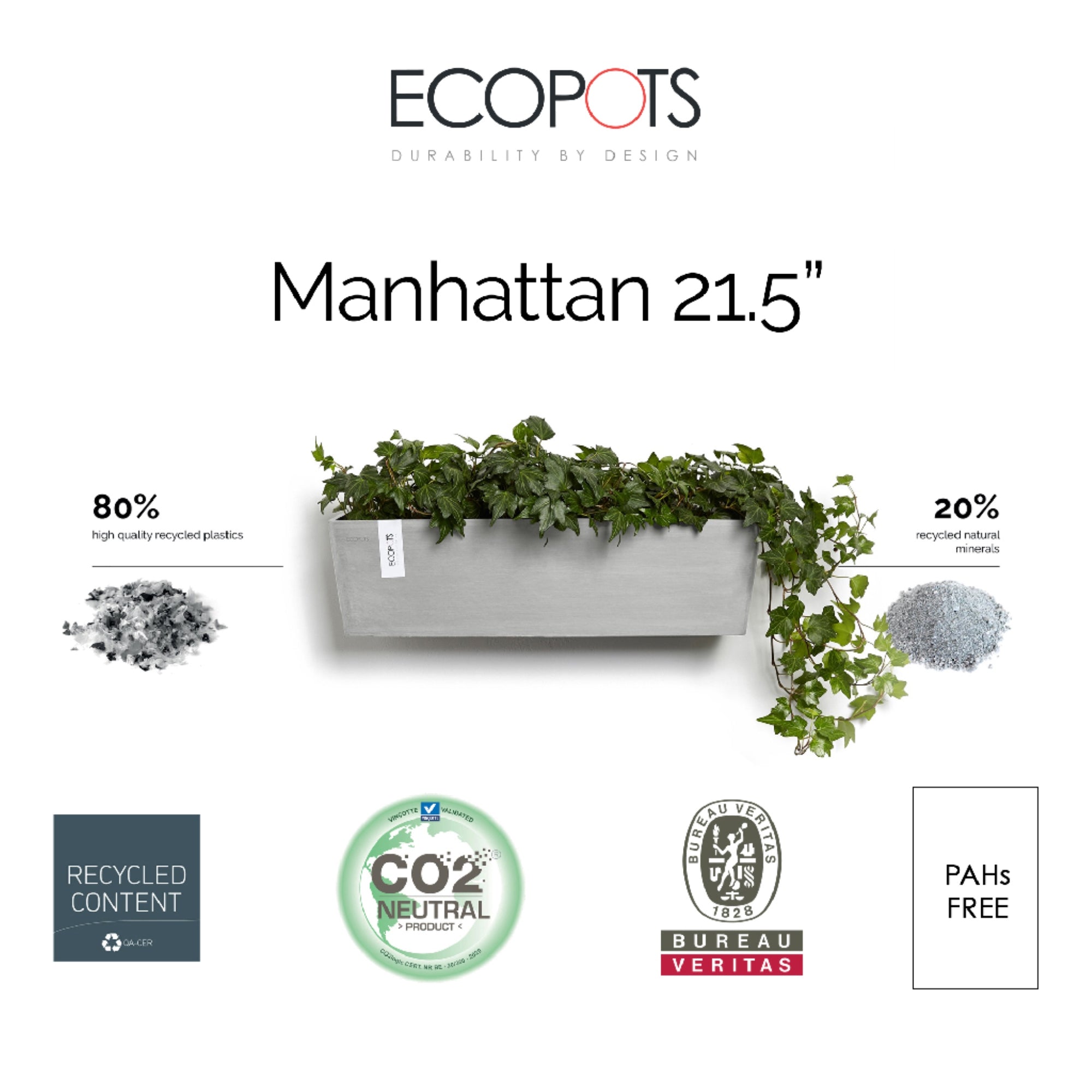 Ecopots Modern Recycled Plastic Rectangle Manhattan Wall Hanging Flower Pot, 21.5"