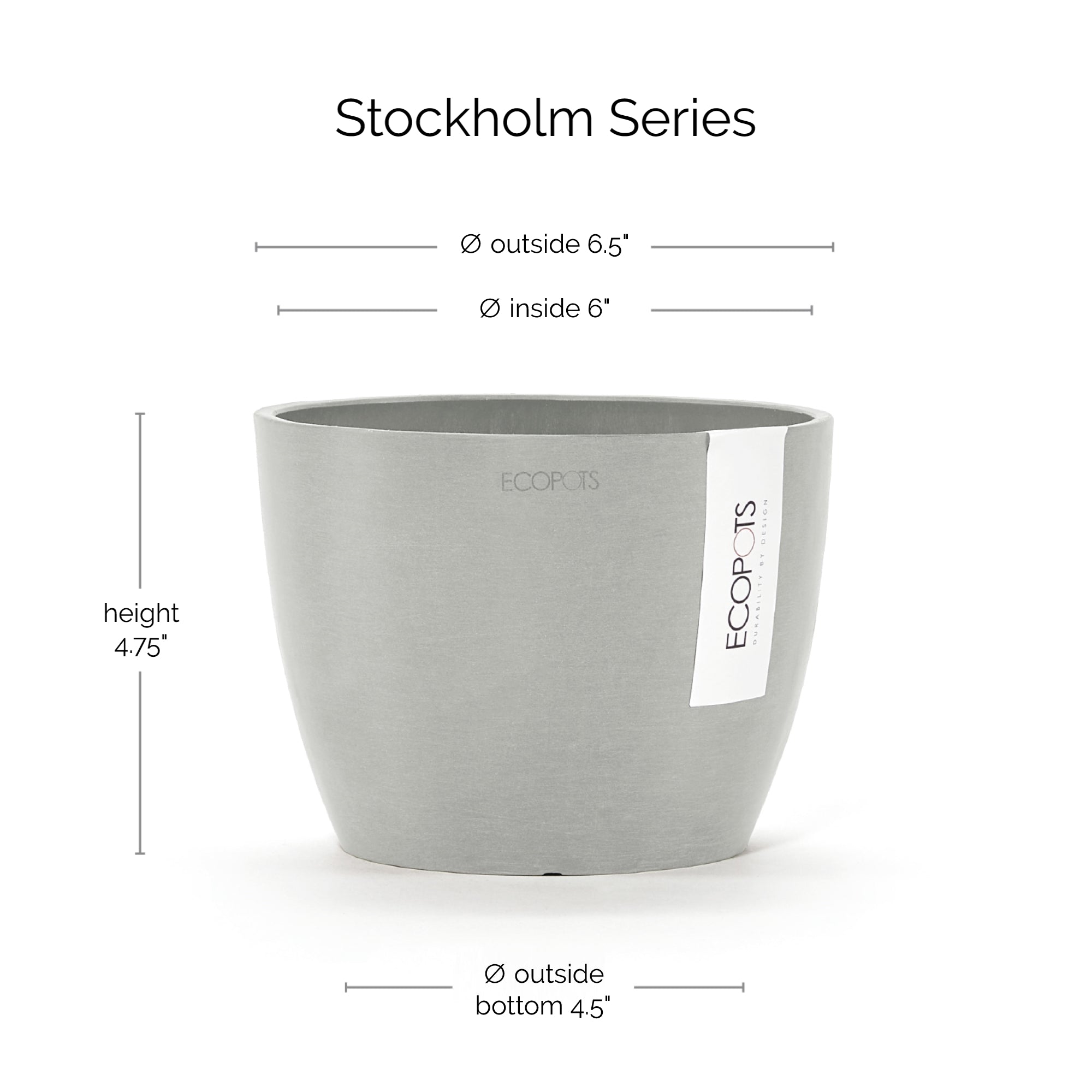 Ecopots Stockholm Mini Durable Modern Round Indoor/Outdoor Recycled-Based Composite Flower Pot Planter, 6"