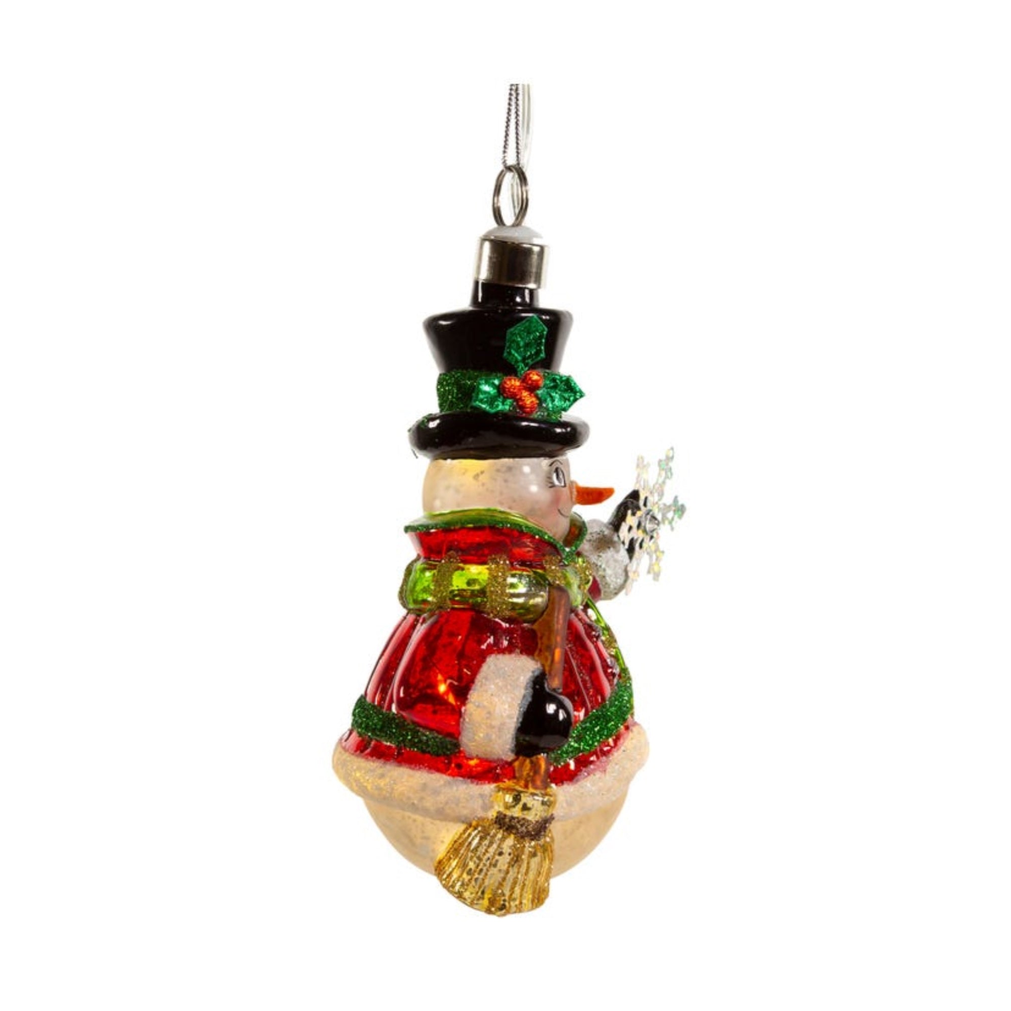 Kurt Adler Pre-lit Hanging Glass Ornament, Warm White LED's, USB-Powered Snowman with Snowflake
