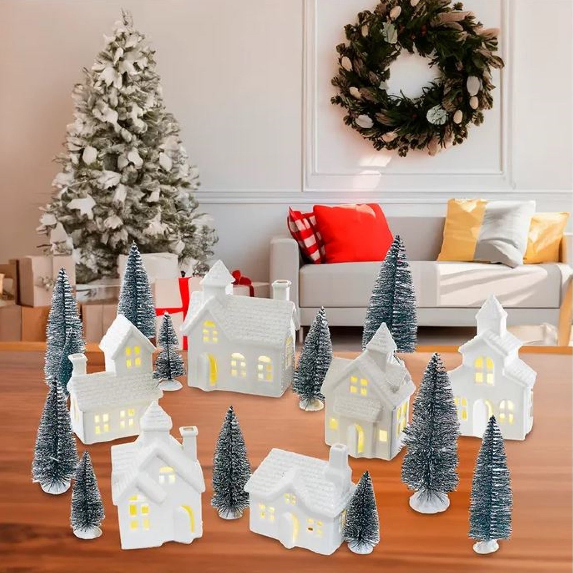 Kurt Adler Battery Operated Porcelain Lighted Houses, Trees & Candles (24-piece Set)