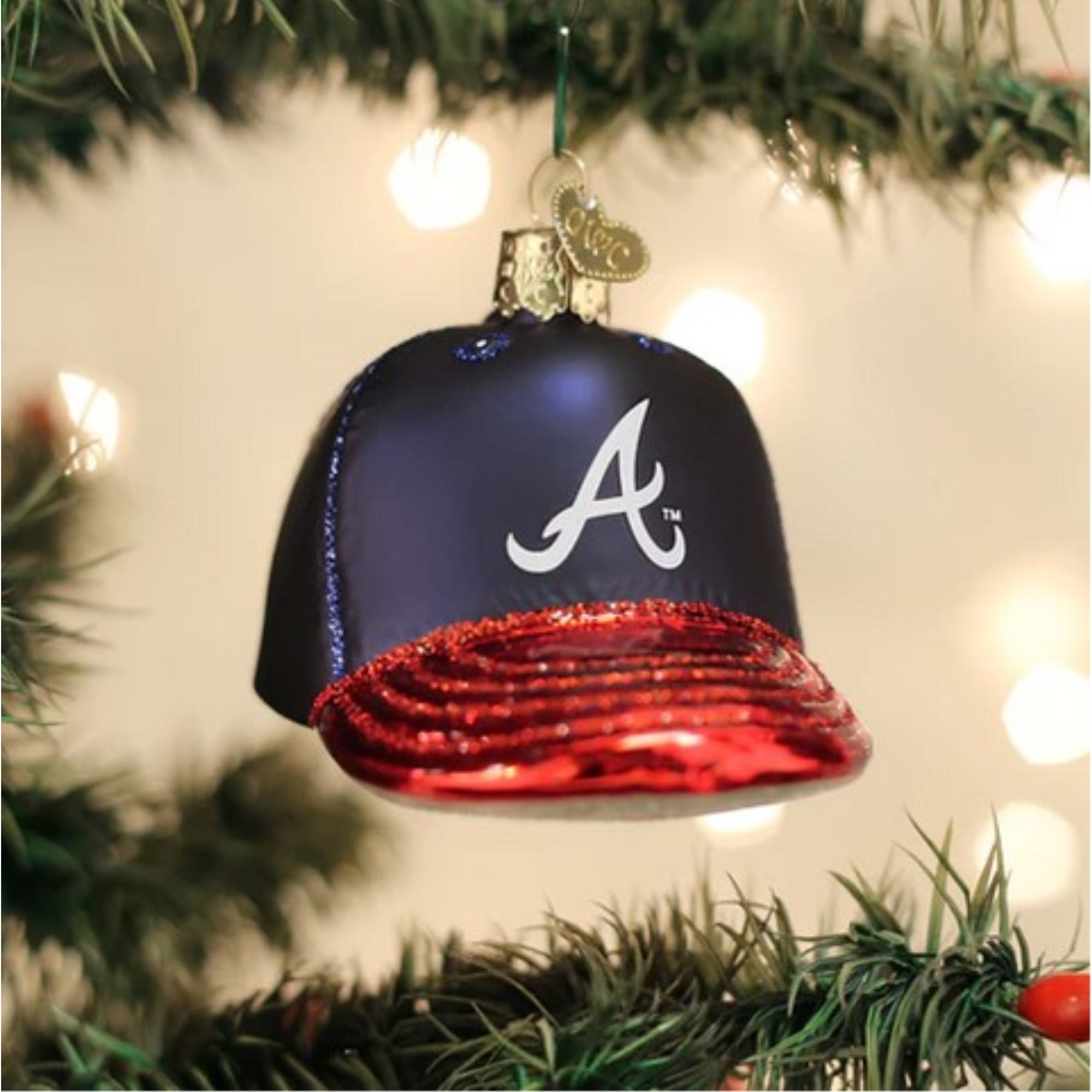 Old World Christmas Blown Glass Ornament for Christmas Tree, Atlanta Braves Baseball Cap (with OWC Gift Box)