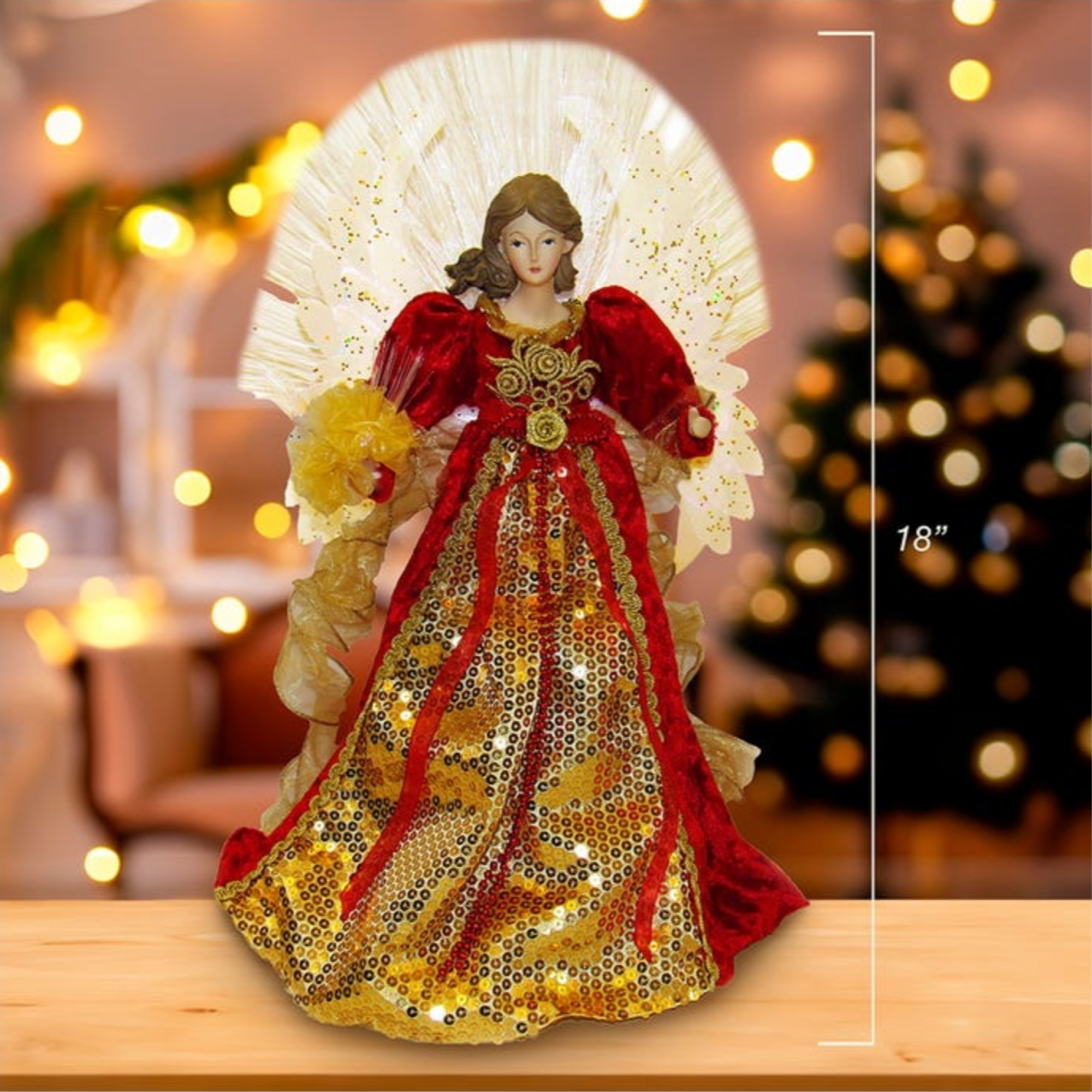 Kurt Adler UL 70-Light Fiber-Optic LED Christmas Treetop, Red and Gold Angel, 18"