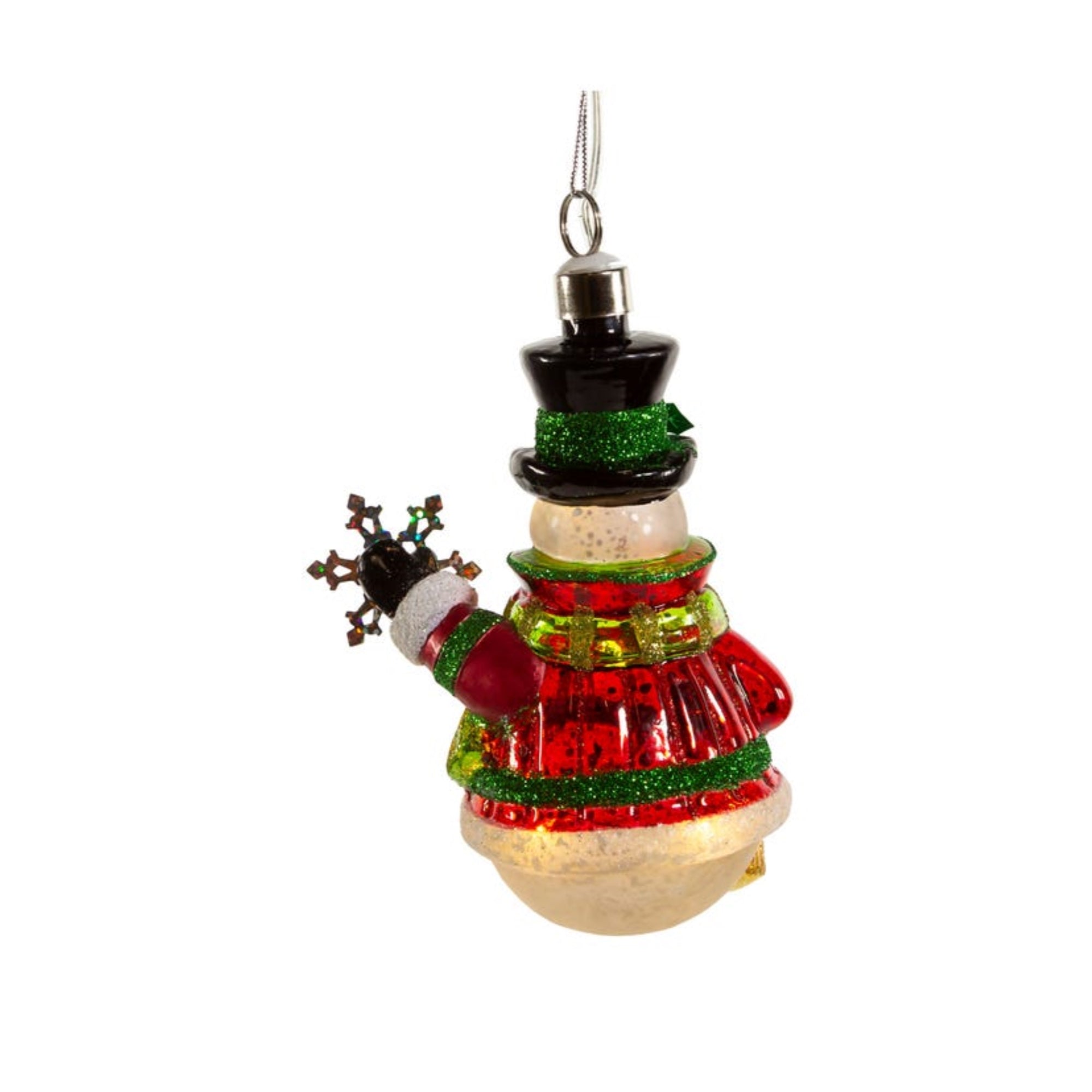 Kurt Adler Pre-lit Hanging Glass Ornament, Warm White LED's, USB-Powered Snowman with Snowflake