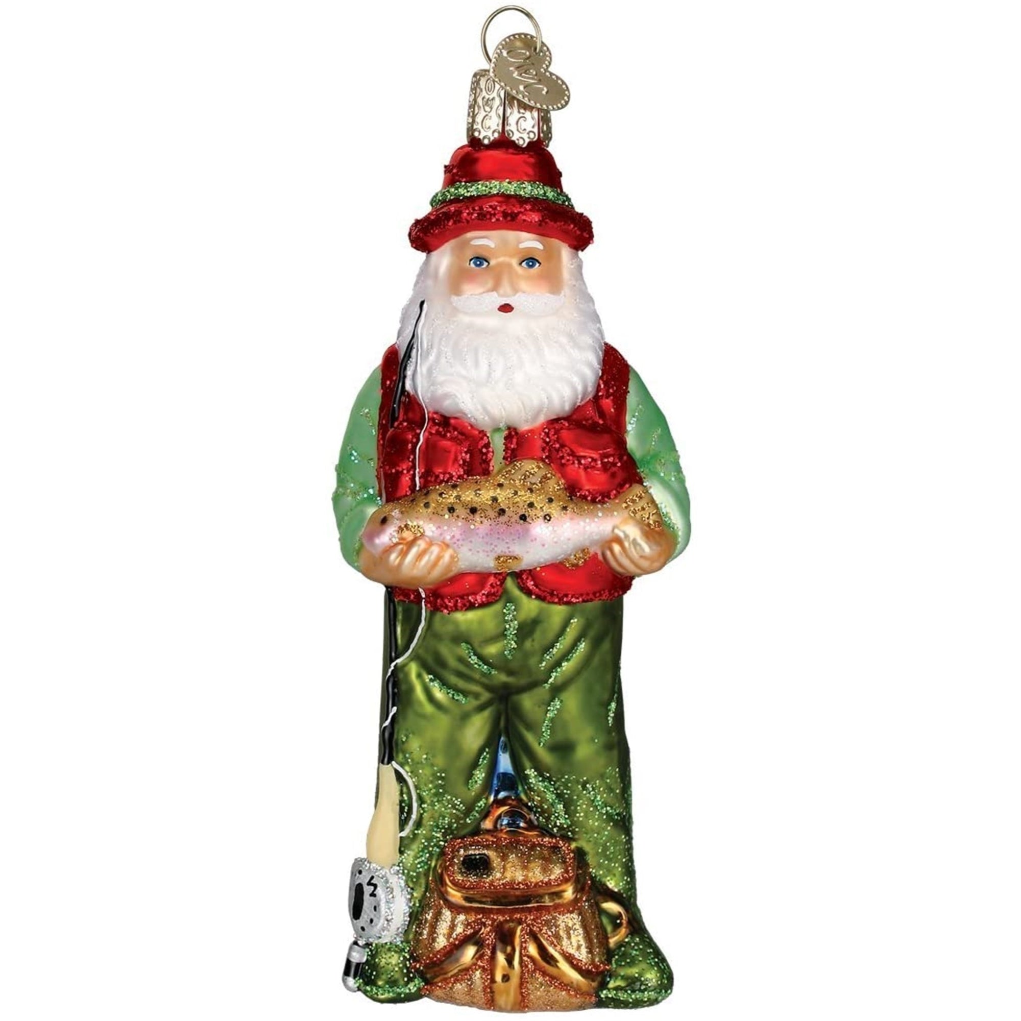 Old World Christmas Blown Glass Ornament for Christmas Tree, Fly Fishing Santa