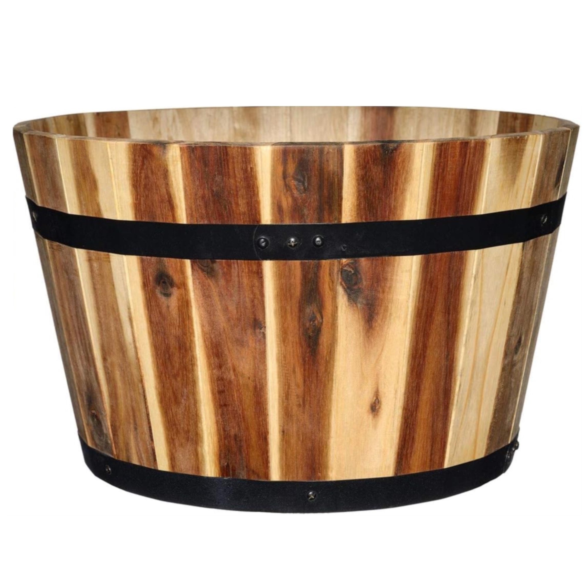 Classic Home and Garden Acacia Wood Whiskey Barrel Planters with Black Metal Band