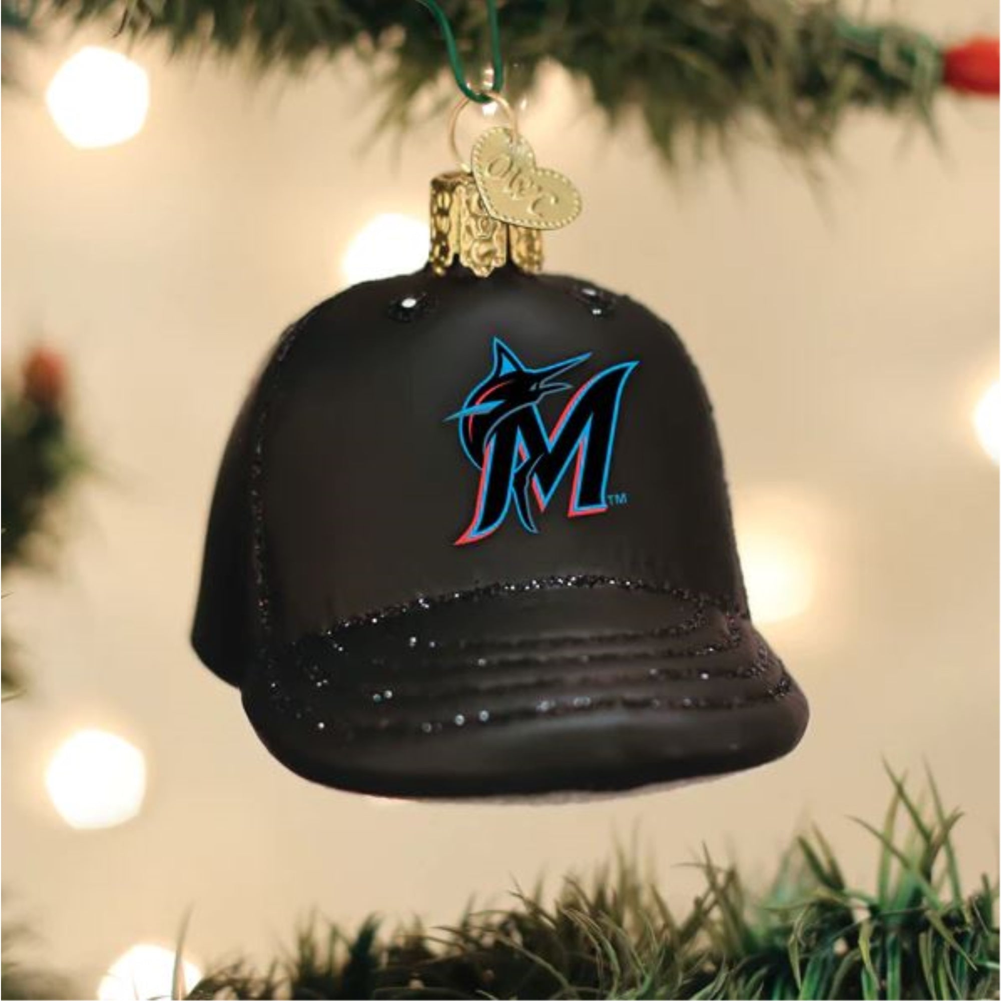Old World Christmas Blown Glass Ornament for Christmas Tree, Miami Marlins Baseball Cap