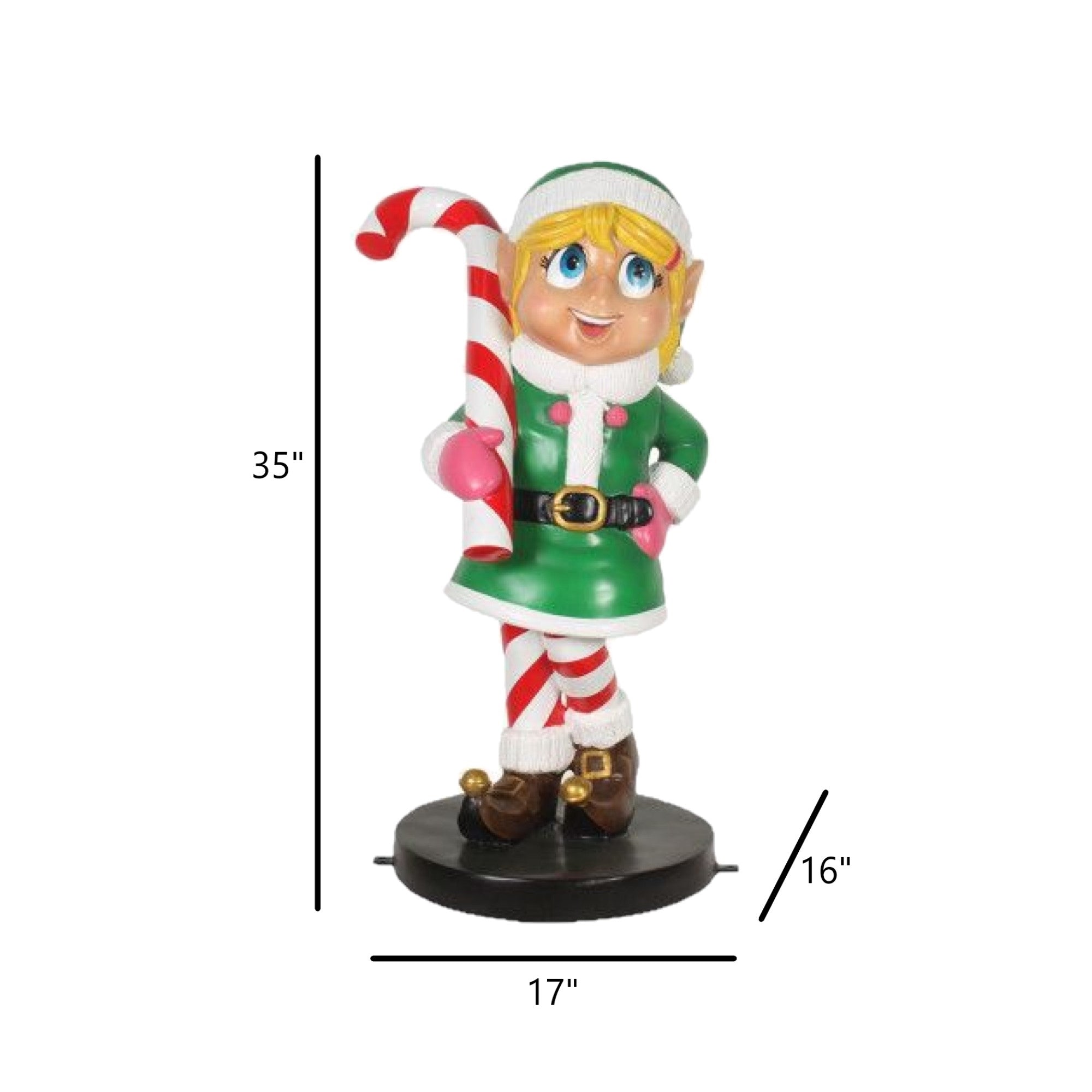 Garden Elements Fiberglass Elf Girl With Candy Cane Christmas Statue Yard Decor, 35in