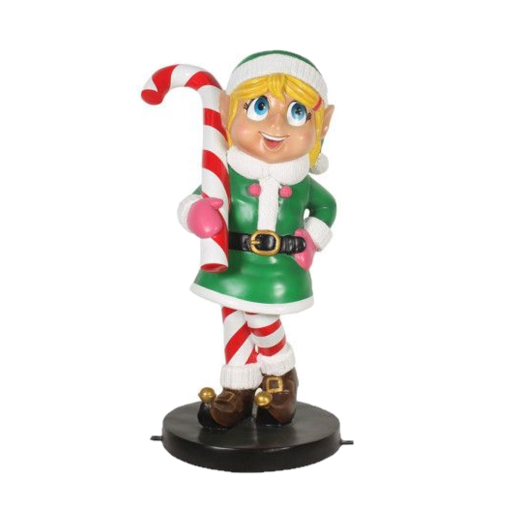 Garden Elements Fiberglass Elf Girl With Candy Cane Christmas Statue Yard Decor, 35in