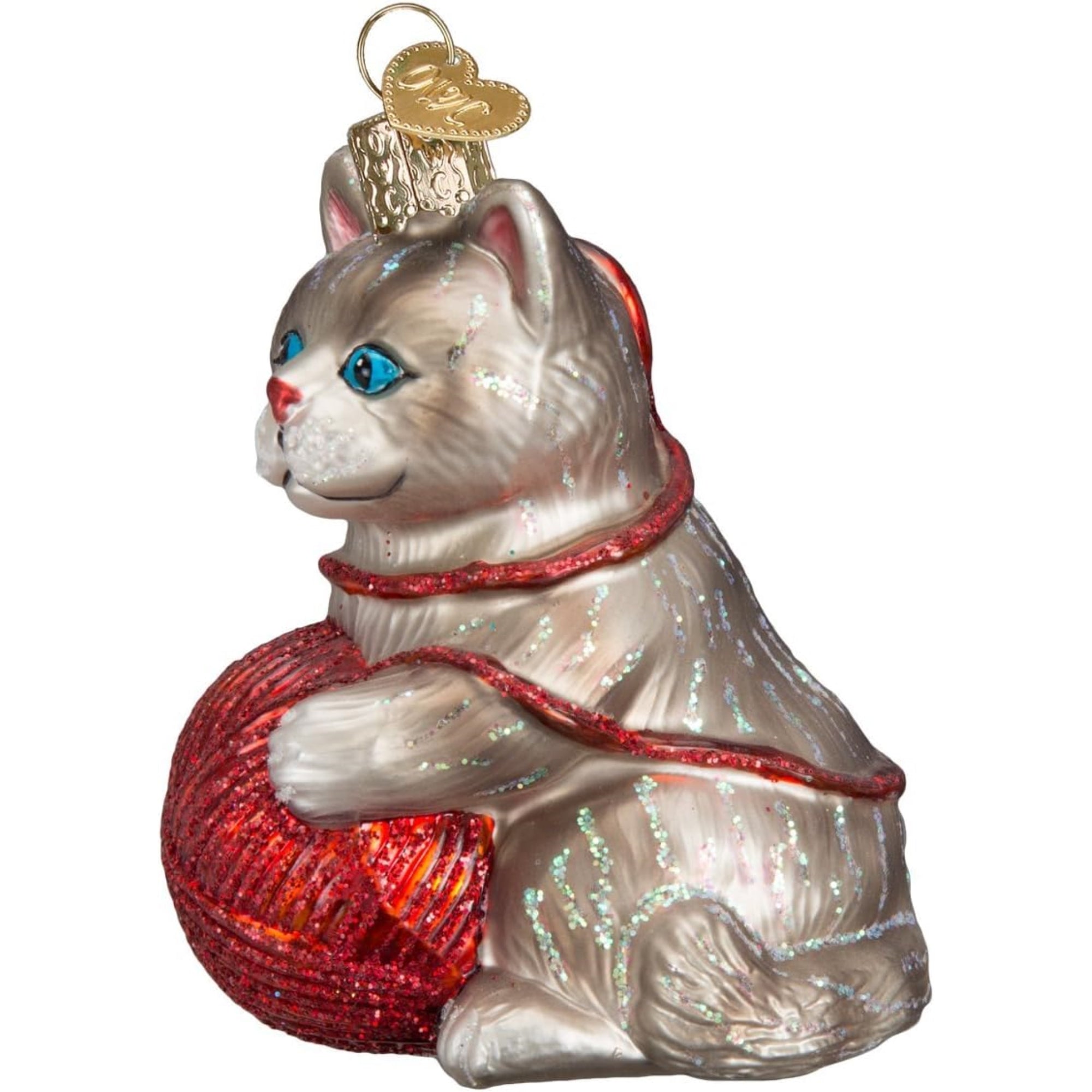 Old World Christmas Blown Glass Ornament for Christmas Tree, Grey/Red Playful Kitten (with OWC Gift Box)