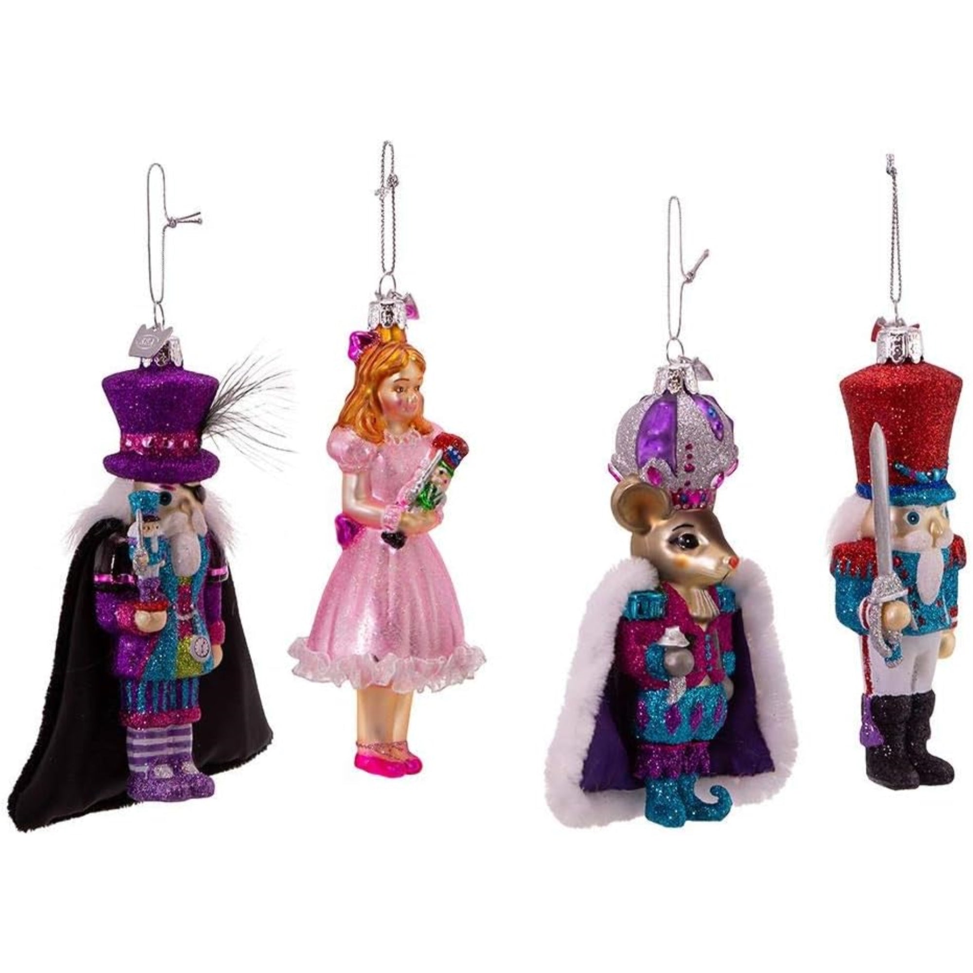 Kurt Adler Noble Gems Glass Christmas Tree Ornaments, Nutcracker Suite, 4 Piece Set