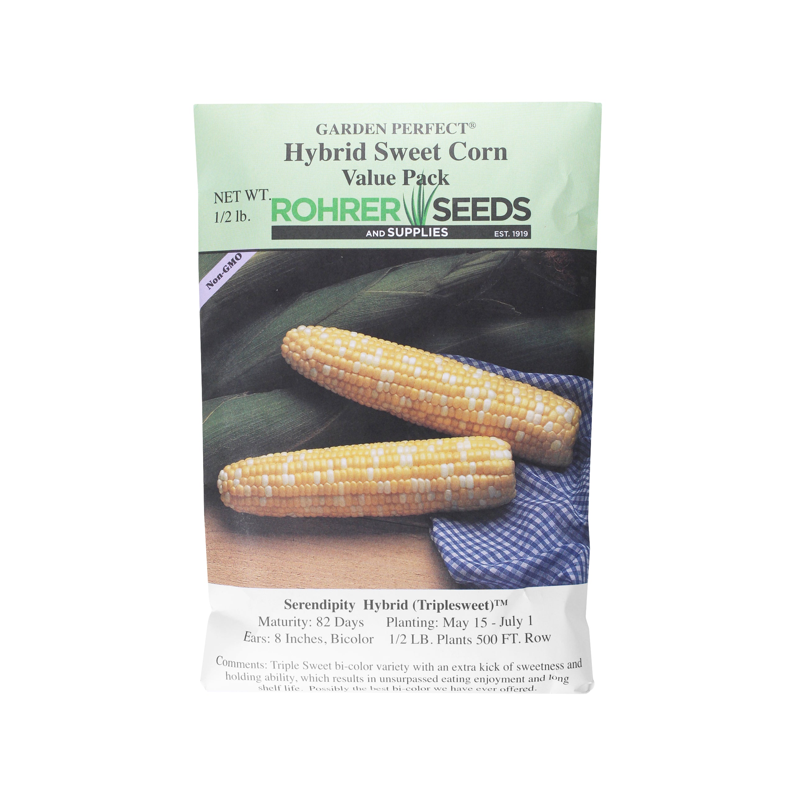 Rohrer Seeds Serendipity Hybrid (Triplesweet) Hybrid Sweet Corn Value Pack, 0.5lb Packet, Plants 500ft Row