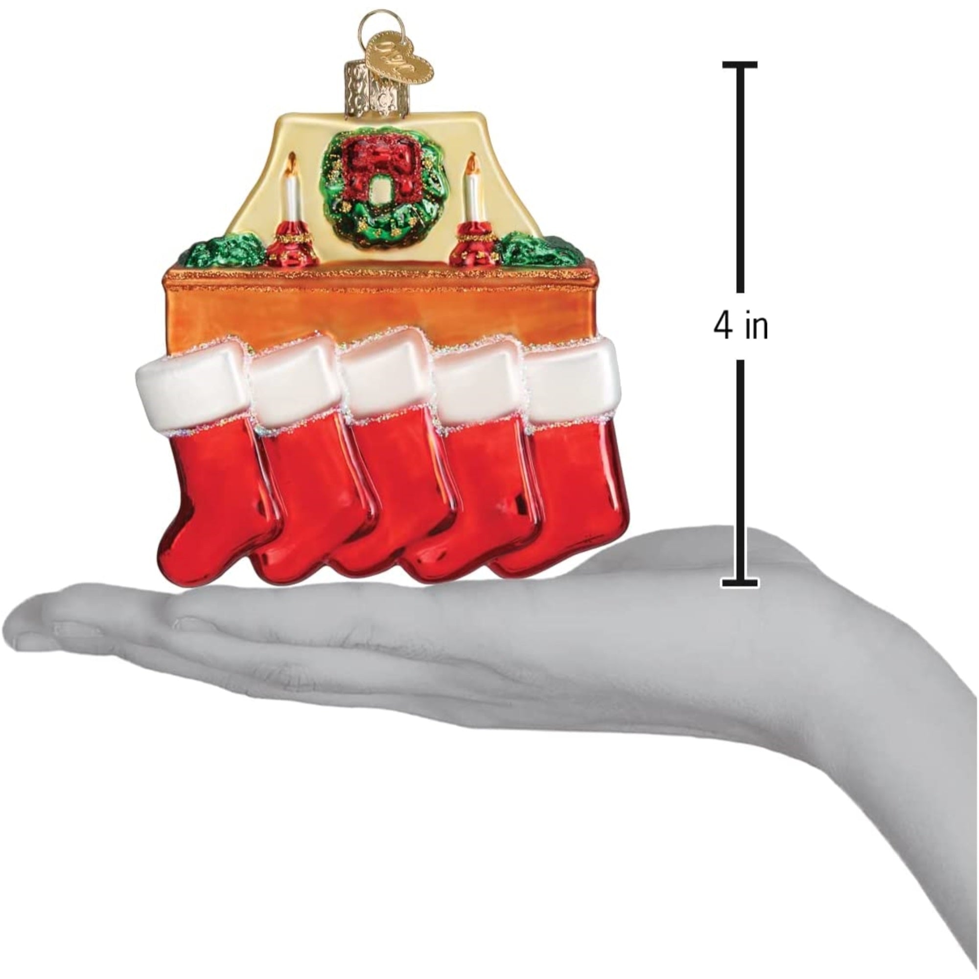 Old World Christmas Glass Blown Family of 5 Stockings Ornament, 4"