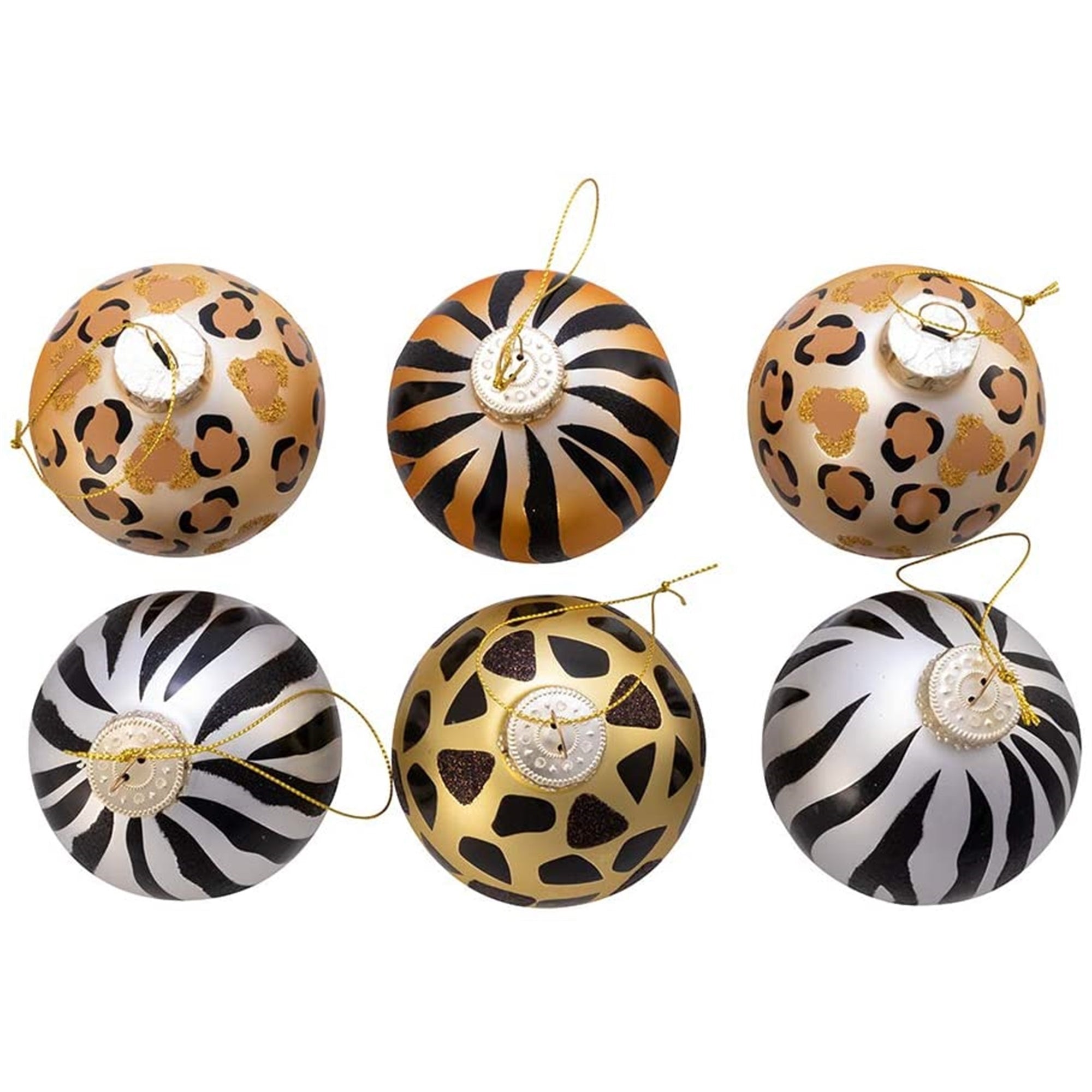 Kurt Adler Gold, Silver and Black Animal Glass Ball 3" (Pack of 6)