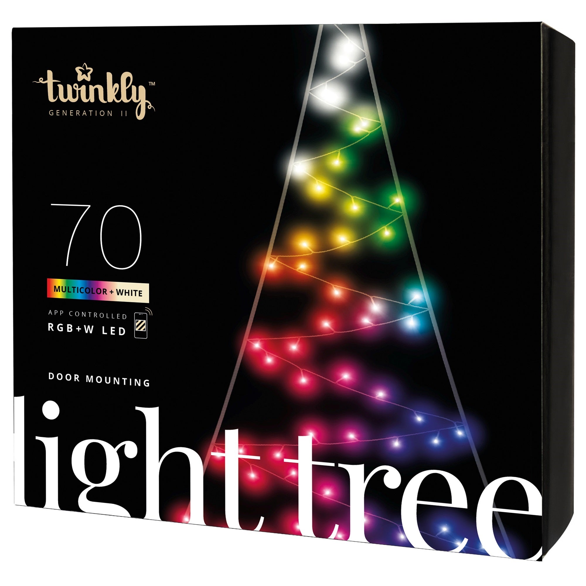 Twinkly Light Tree App Controlled Black Wire Door Mounting Christmas Tree Indoor and Smart Home Lighting Decoration, Multicolor, 70 RGB and White LED, 6.5ft