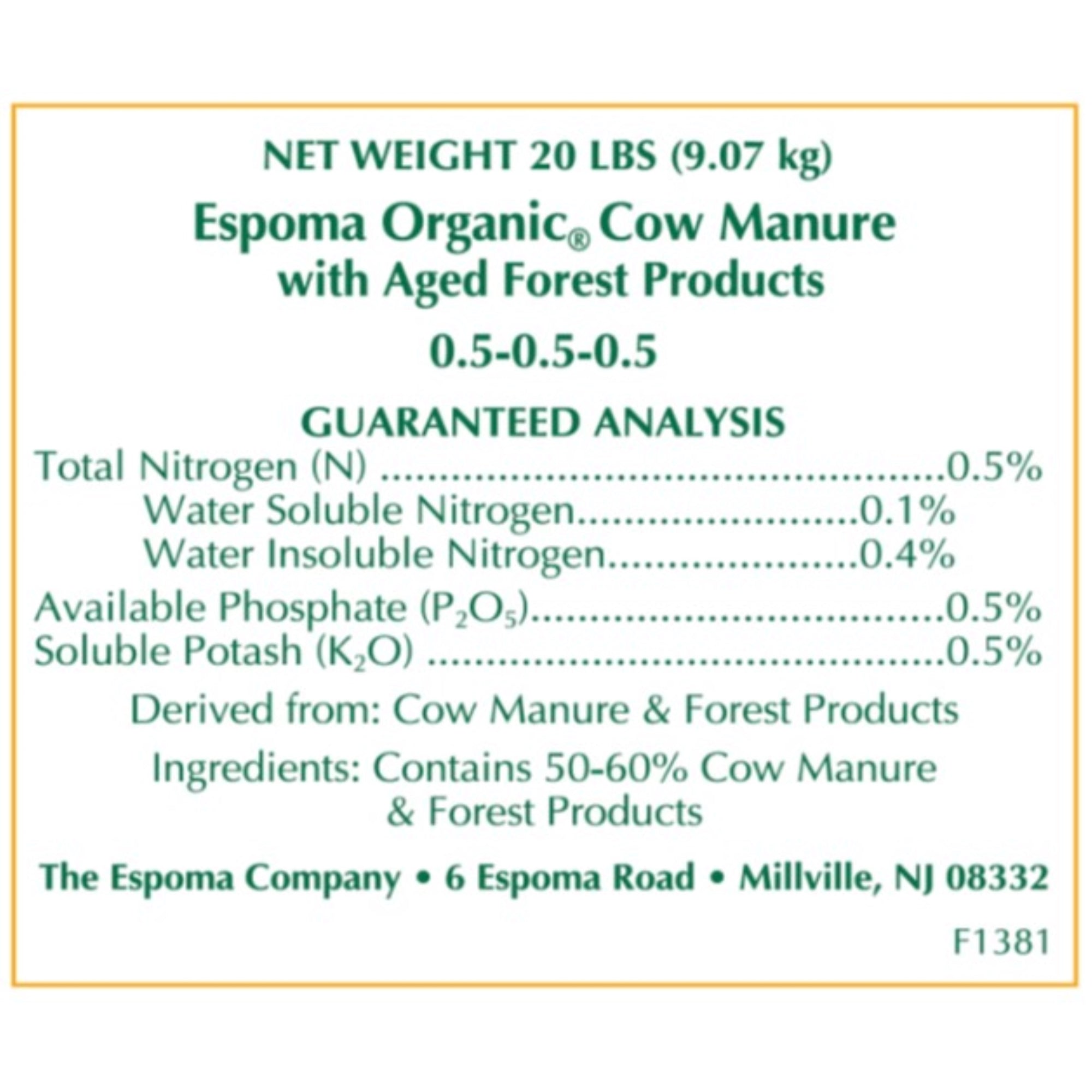 Espoma Organic Cow Manure with Aged Forest Products, All-Natural and Organic for Organic Gardening, 1 CF Bag