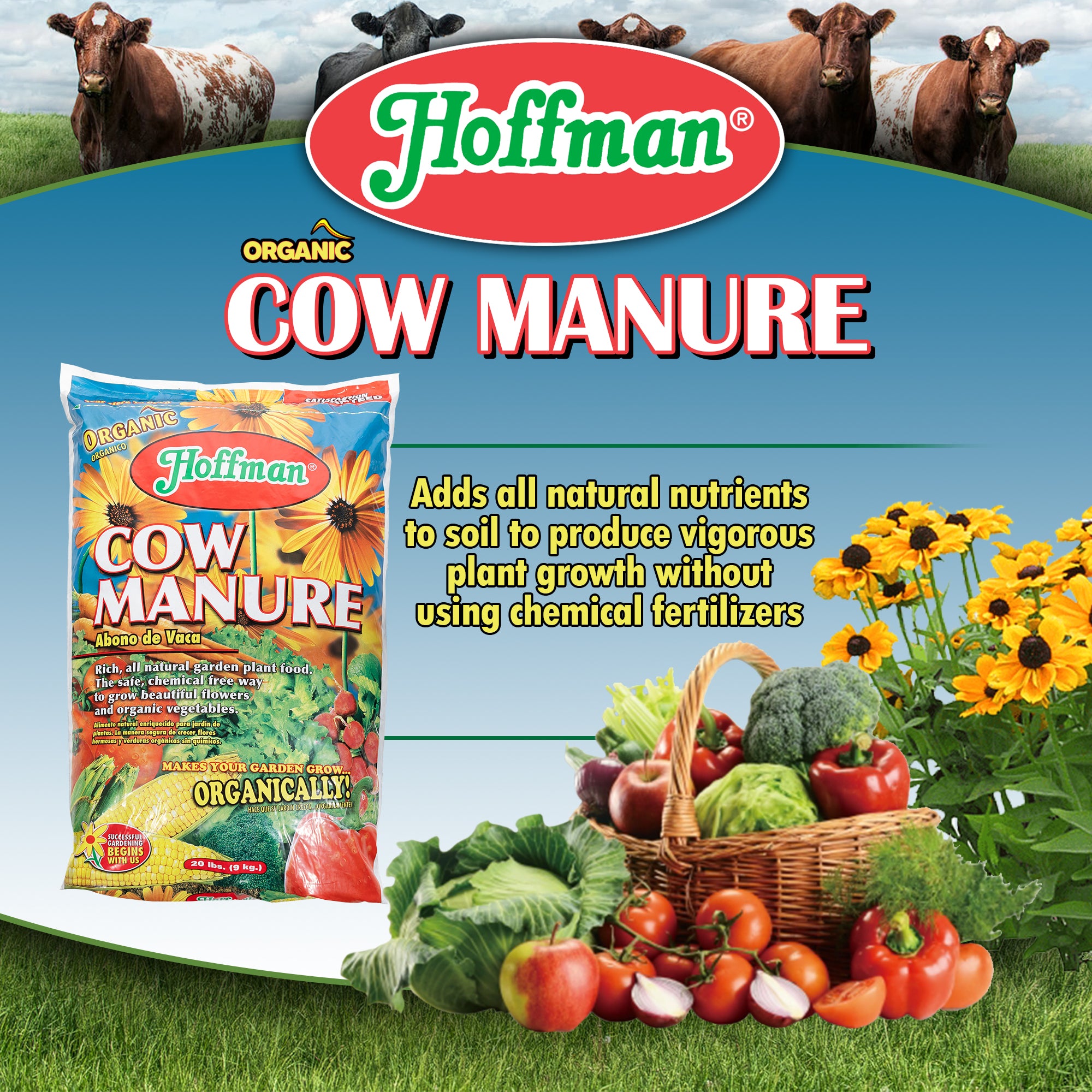 Hoffman Organic Cow Manure Garden Fertilizer Plant Food, 1-1-1, 20 Pounds