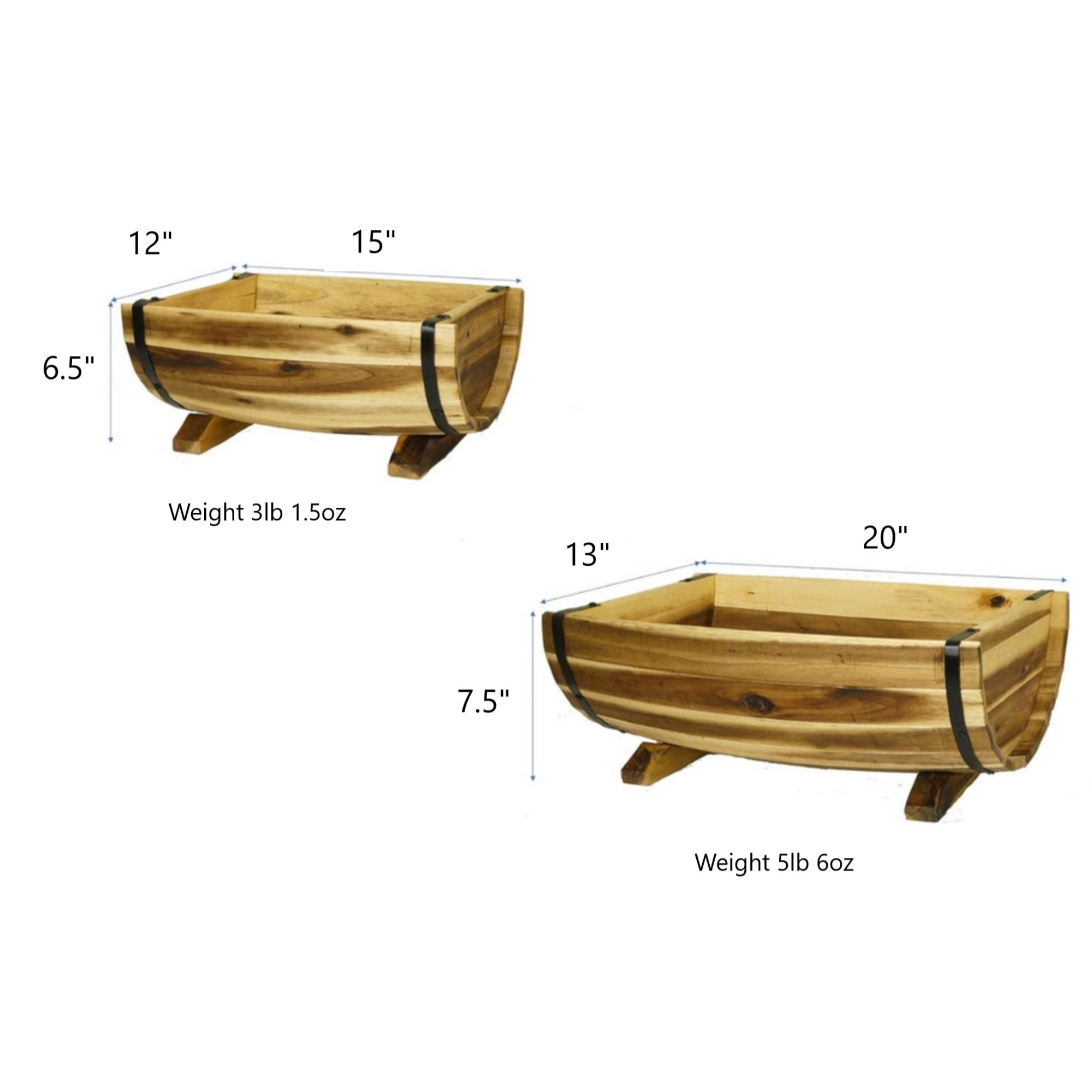 Classic Home and Garden Acacia Wood Half-Barrel Planters with Metal Band, Assorted Sizes (Set of 2)