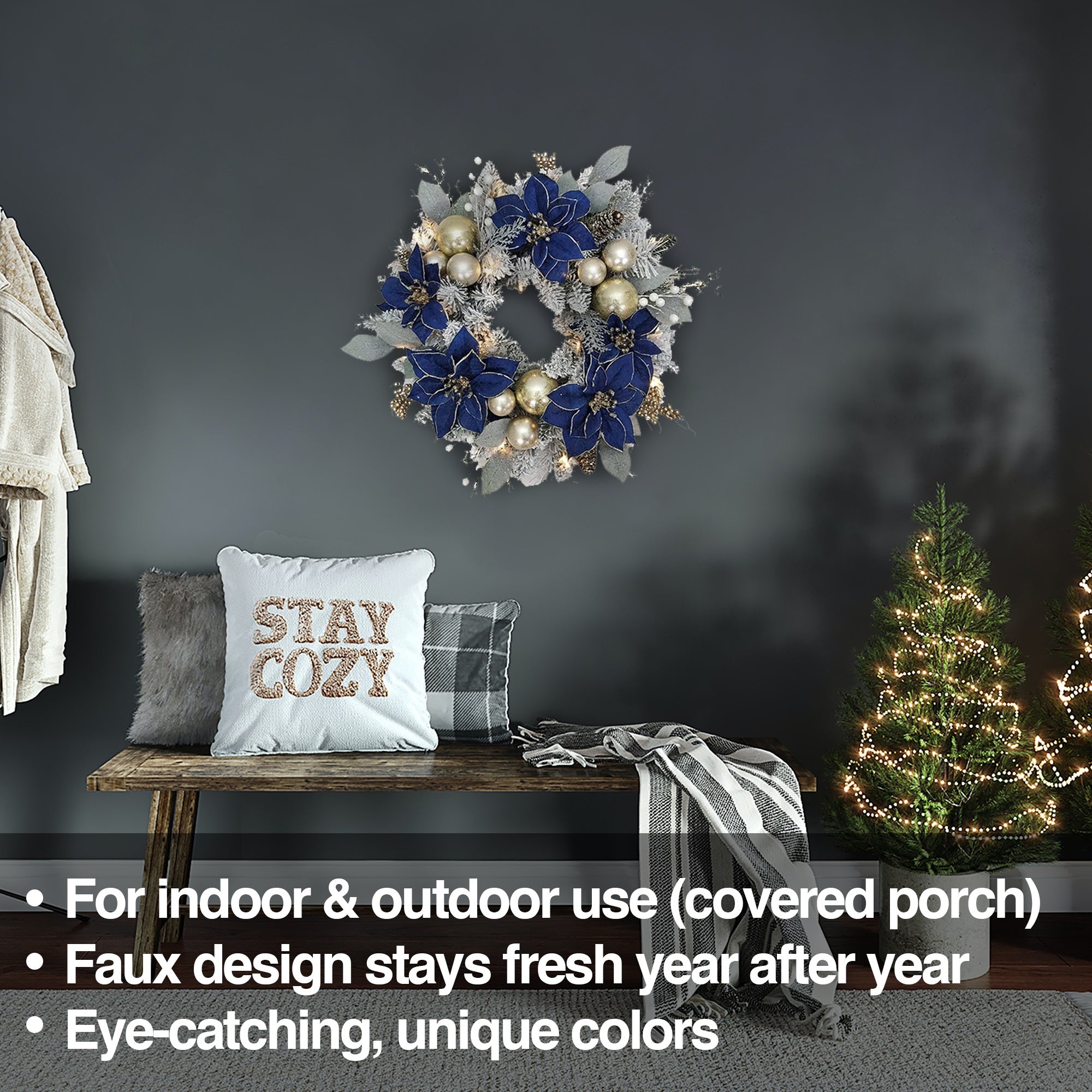 Kurt Adler Artificial Blue, Silver, and Gold Poinsettia Flocked Wreath Christmas Decoration, 24"