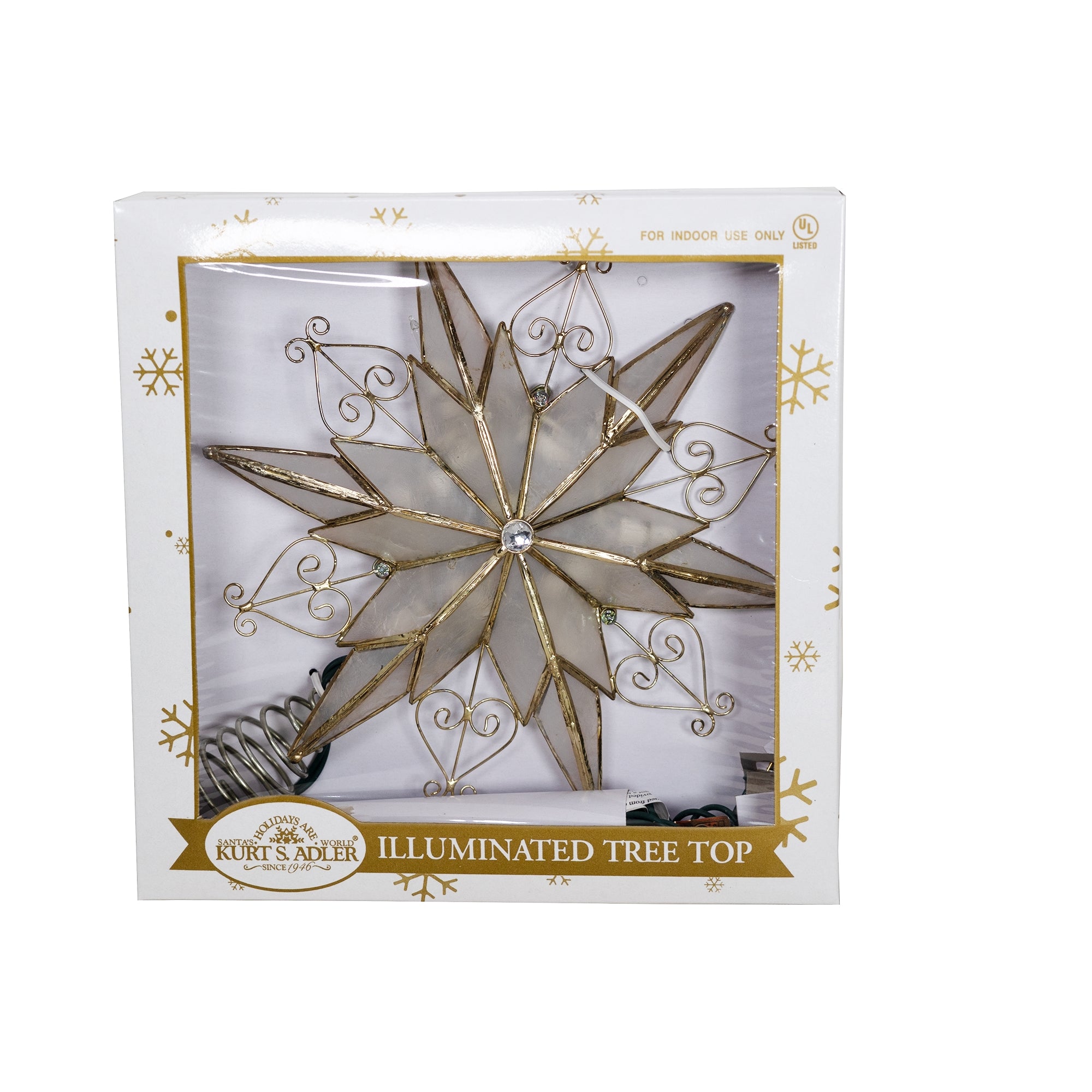 Kurt Adler 10-Light 6 Point Capiz Star w/ Scroll Design Lighted Treetop Star, 9"