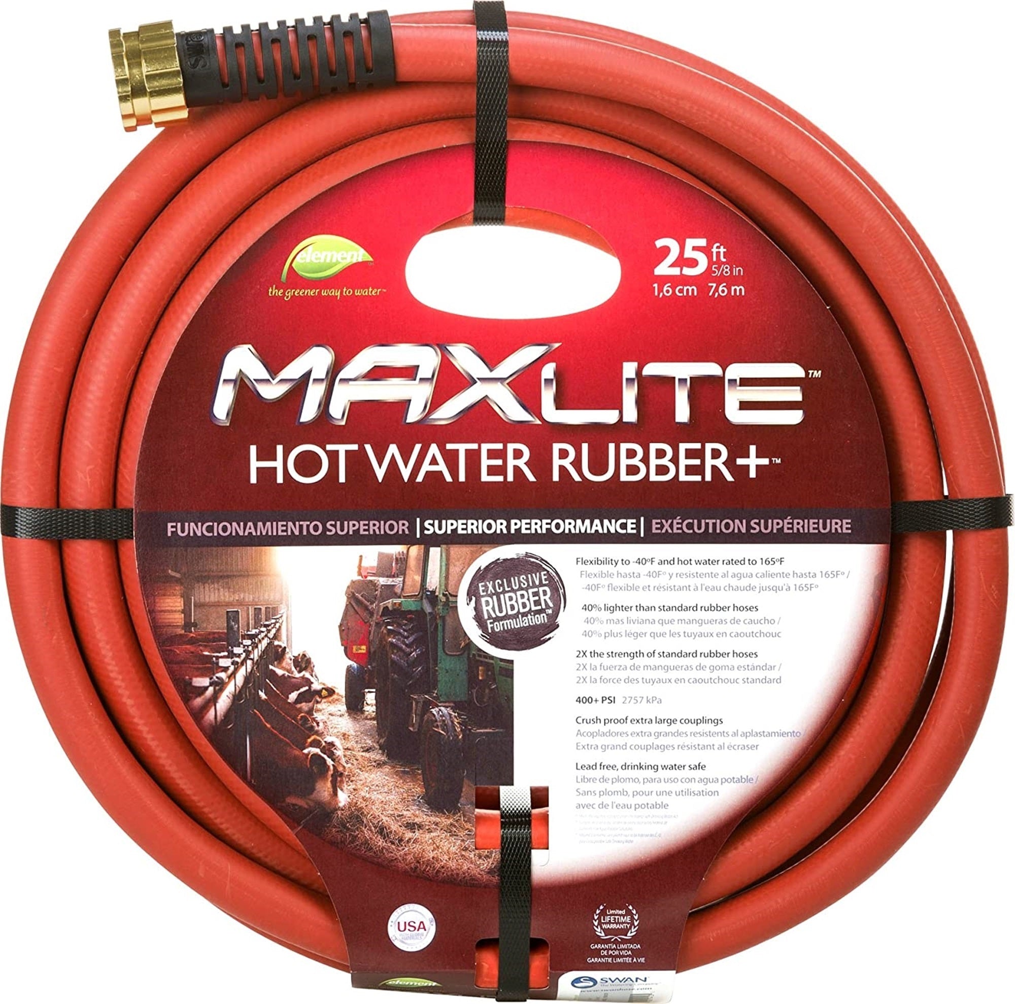 Swan Watering MAXLite Hot Water Rubber+ Hose, Red, 5/8in x 25ft