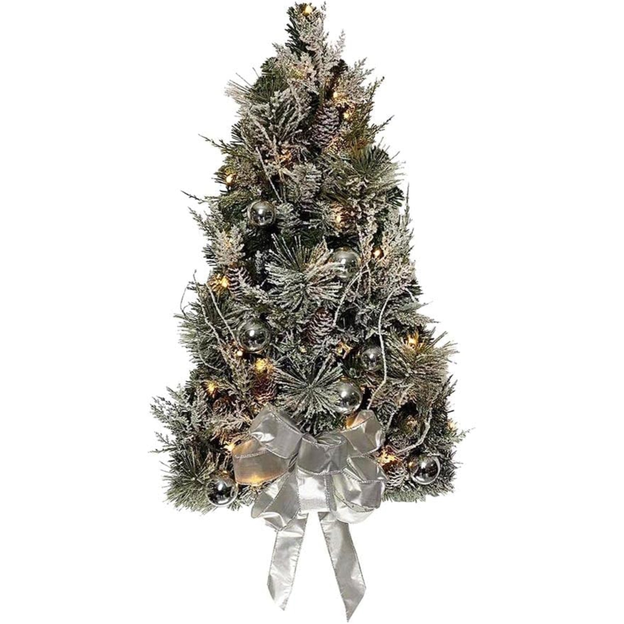 Kurt Adler Pre Lit Battery Operated Decorative Snowy Wall Tree with Bow, Silver, 26in