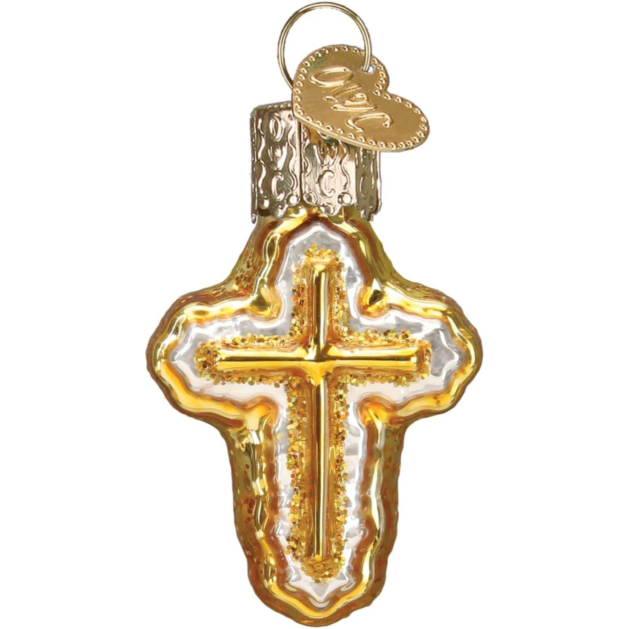 Old World Christmas Mini Blown Glass Cross Ornament Gold, 2"